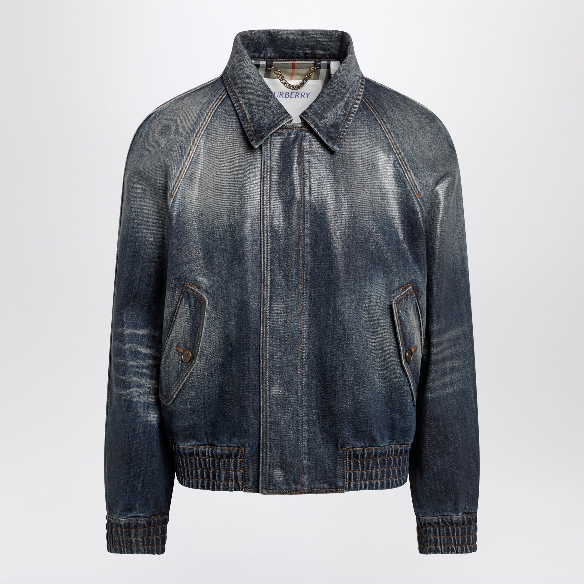 Burberry Coated Denim Aviator Jacket In Mid Blue Men BURBERRY
