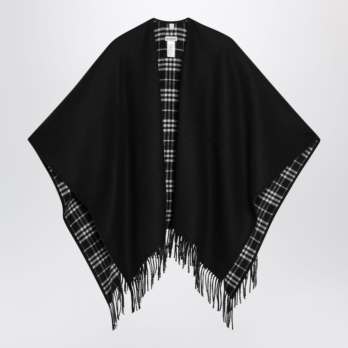 Burberry Reversible Wool Check Cape With Fringes In Black Women BURBERRY