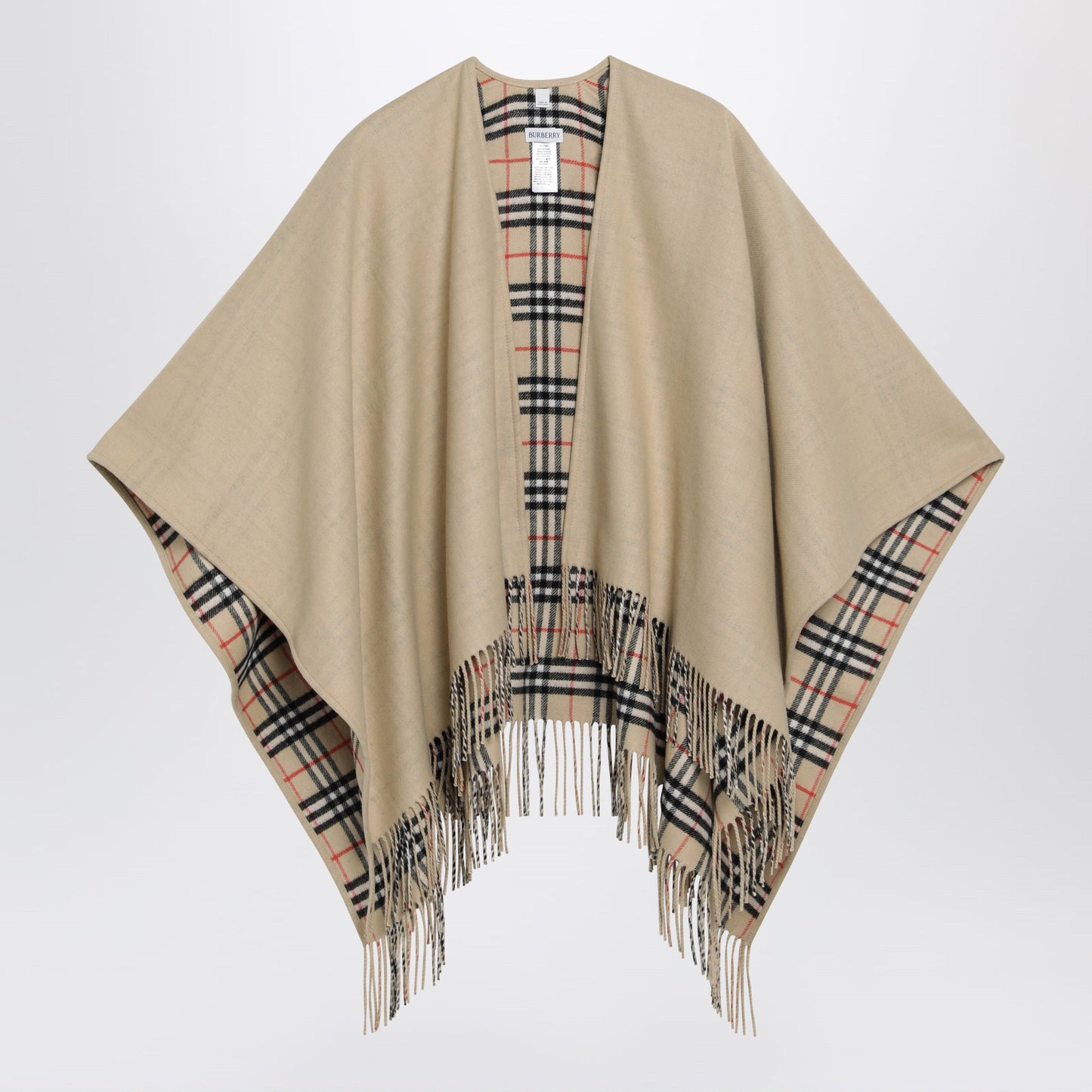 Burberry Reversible Wool Check Cape With Fringes In Sand Beige Women BURBERRY