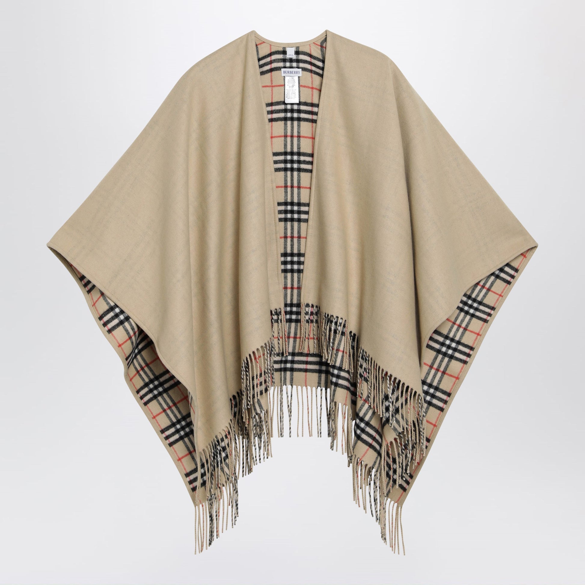 Burberry Reversible Wool Check Cape With Fringes In Sand Beige Women BURBERRY