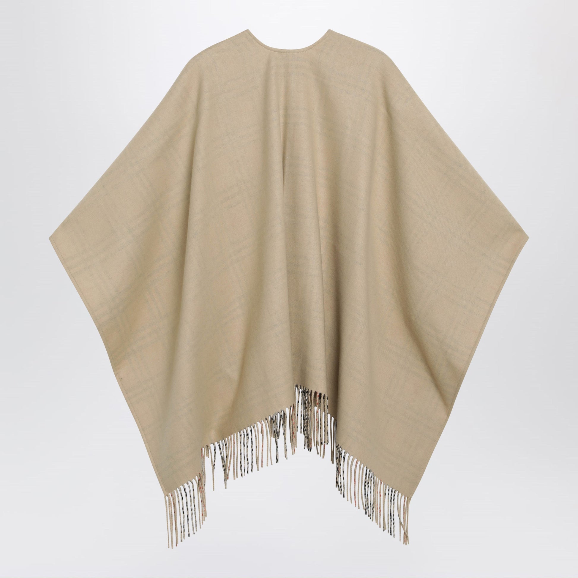 Burberry Reversible Wool Check Cape With Fringes In Sand Beige Women BURBERRY