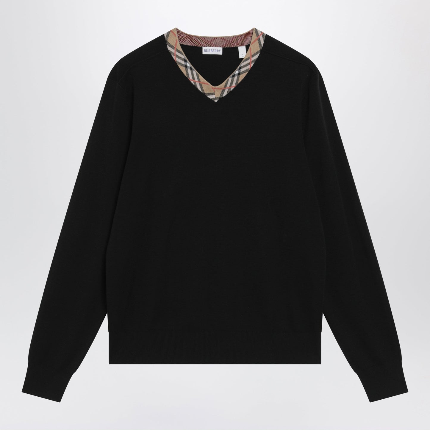 Burberry Black Wool Sweater With Check Motif Neckline Men BURBERRY