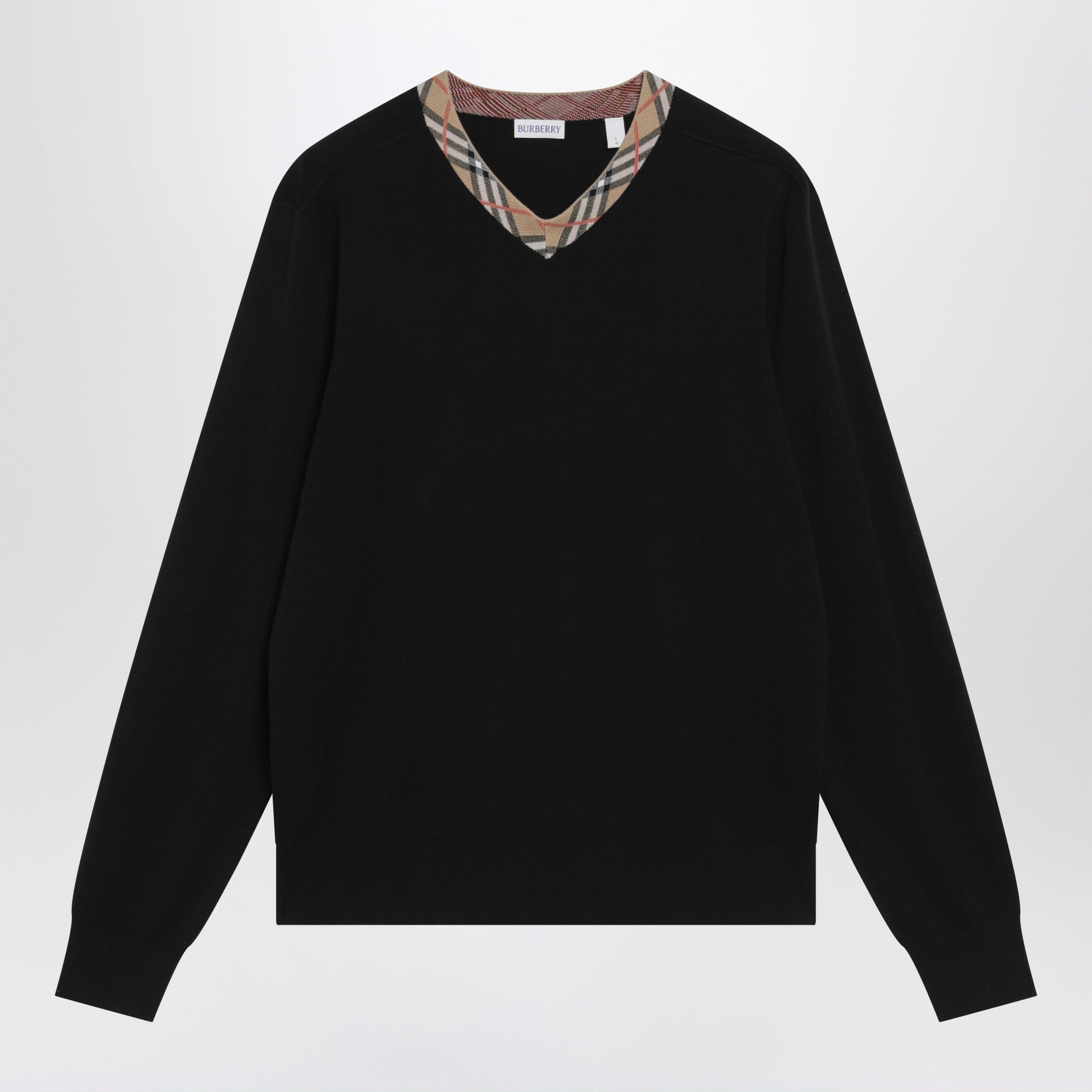 Burberry Black Wool Sweater With Check Motif Neckline Men BURBERRY
