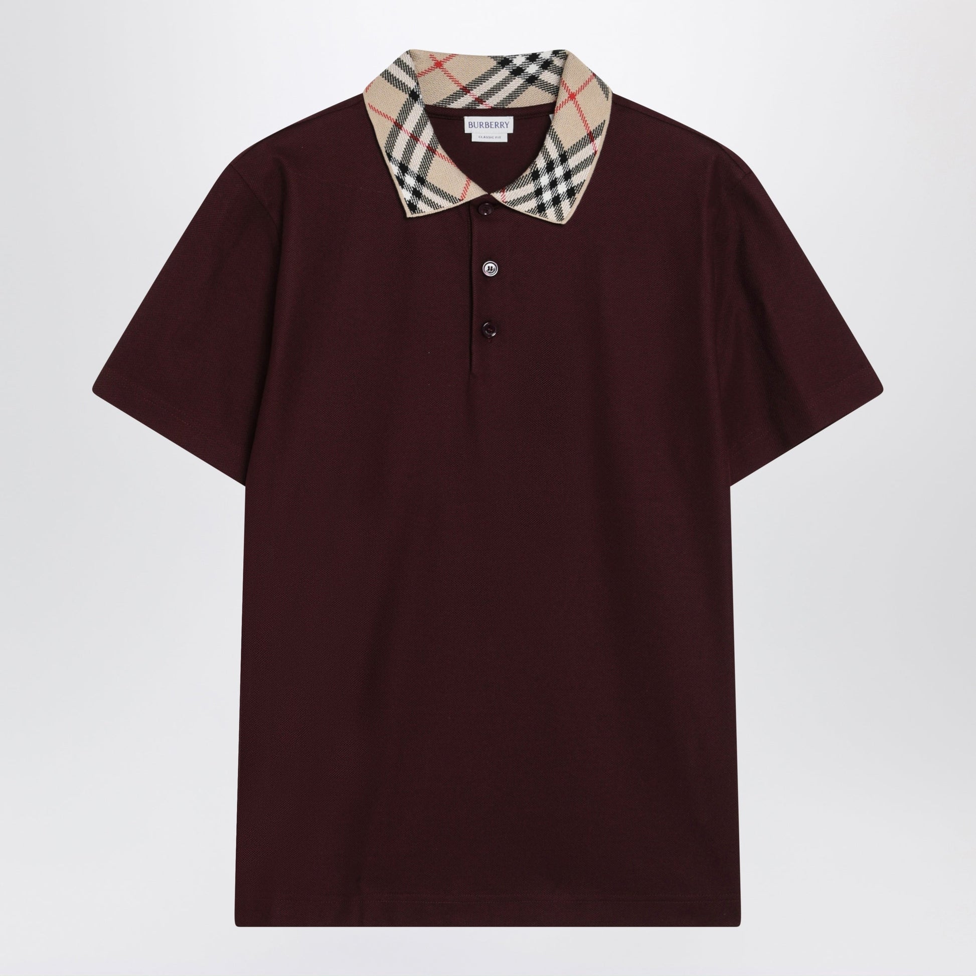 Burberry Cotton Polo Shirt With Check Collar In Vineyard Red Men BURBERRY