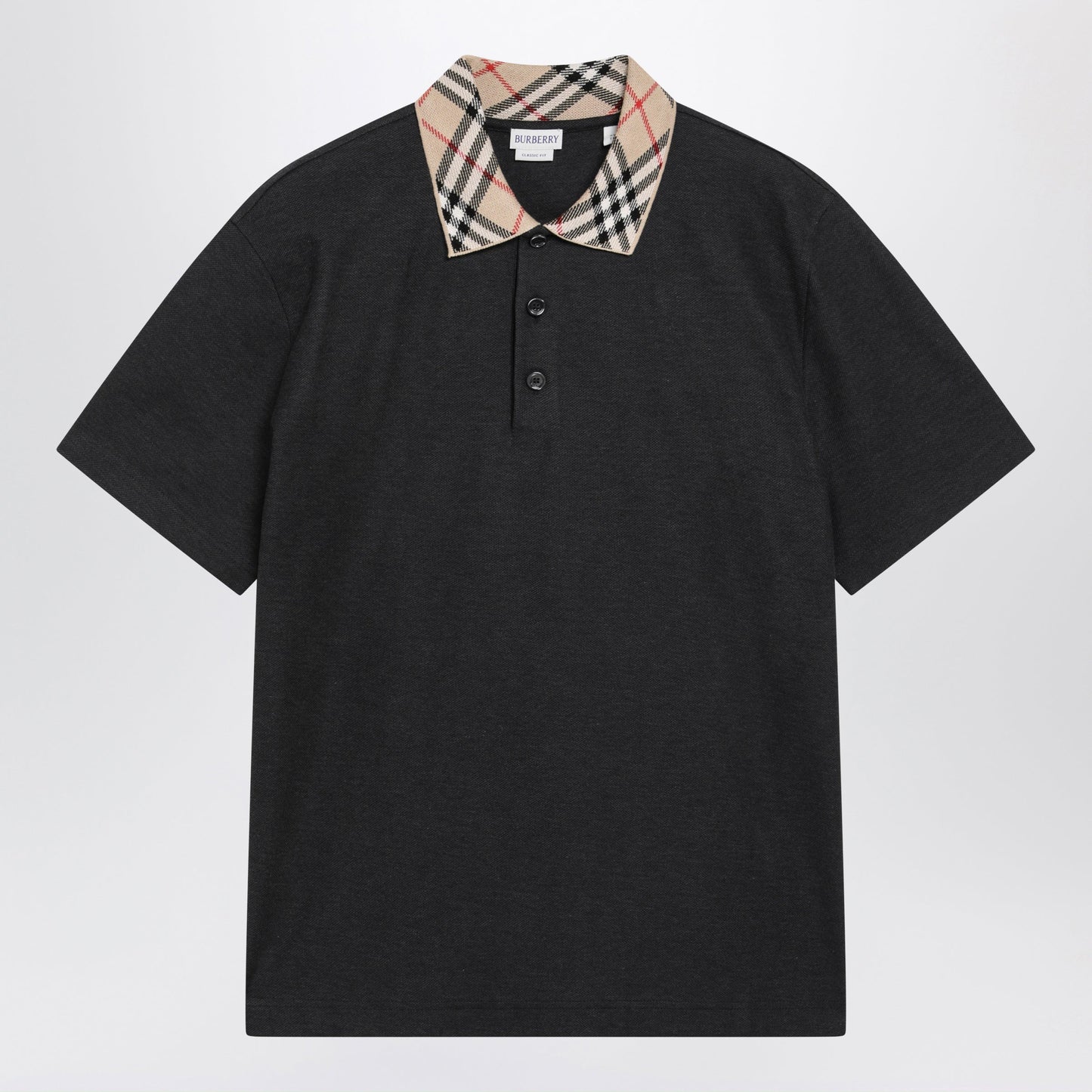 Burberry Dark Grey Polo Shirt With Check Collar Men BURBERRY