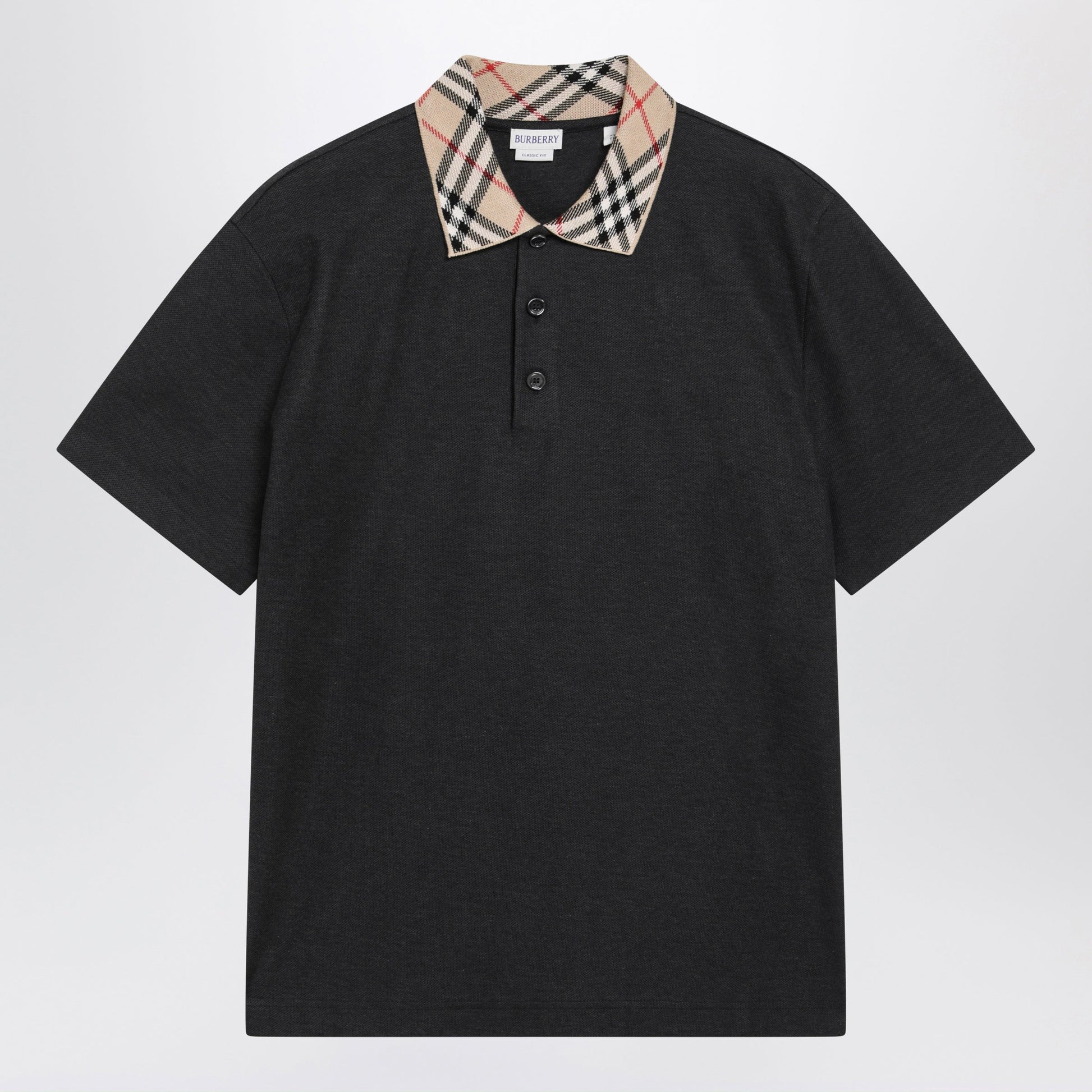 Burberry Dark Grey Polo Shirt With Check Collar Men BURBERRY