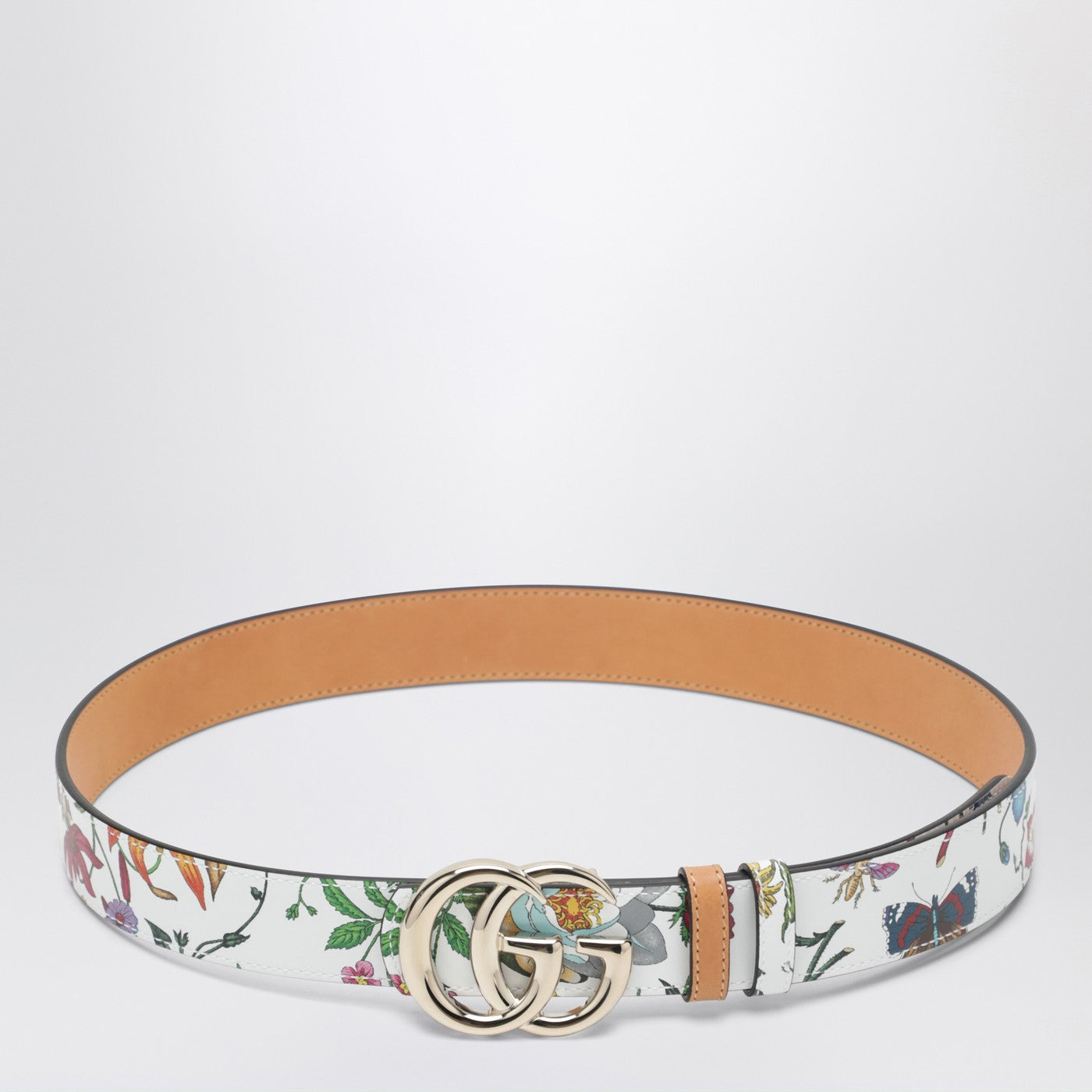 Gucci Gg Marmont Reversible Belt In Brown/White Leather With Flora Print Women GUCCI