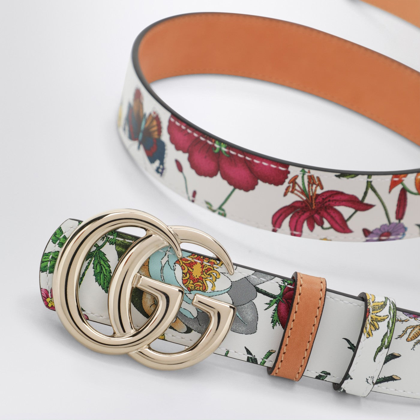 Gucci Gg Marmont Reversible Belt In Brown/White Leather With Flora Print Women GUCCI