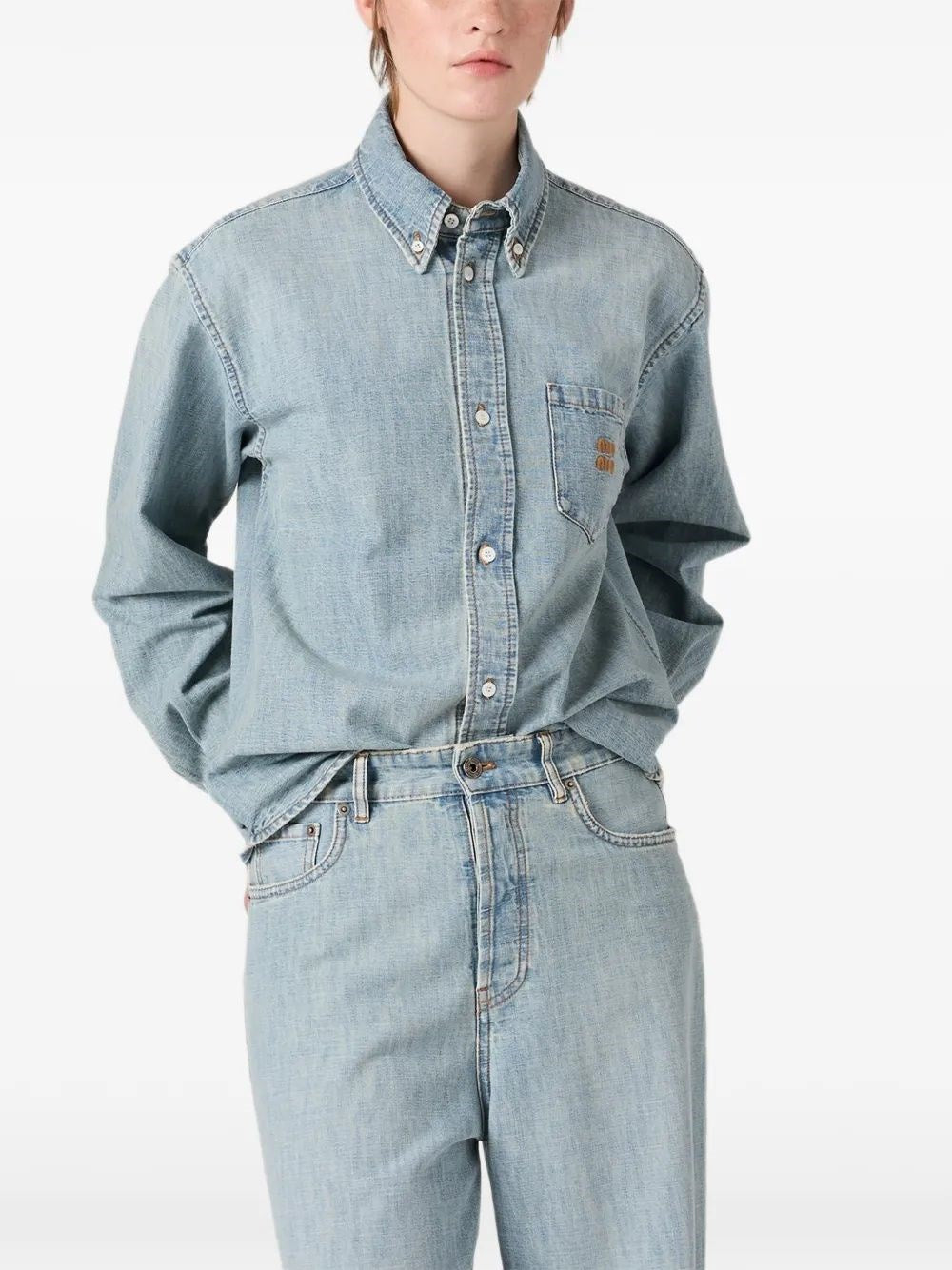 Miu Miu Women Long-Sleeved Chambray Denim Shirt MIU MIU