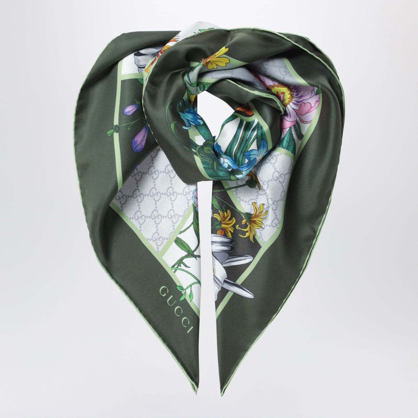 Gucci Green Silk Twill Scarf With Flora Print Women GUCCI