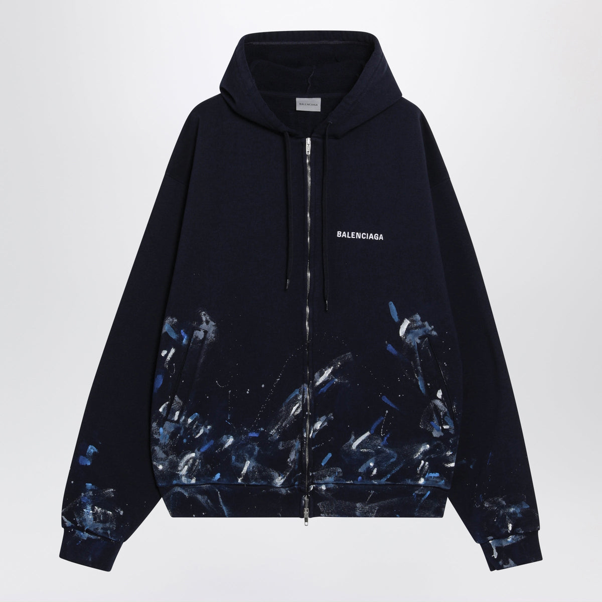 Balenciaga Navy Blue Zip-Up Sweatshirt With Paint-Stain Effect Men BALENCIAGA