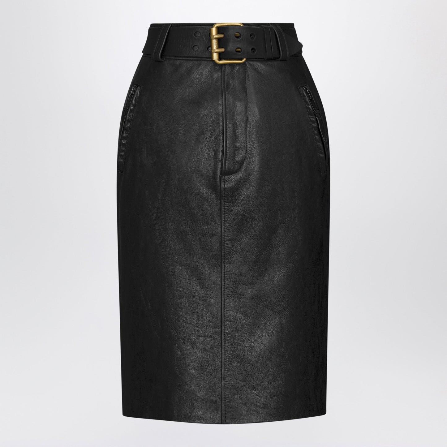 Saint Laurent Black Crinkled Calfskin Belted Pencil Skirt Women SAINT LAURENT