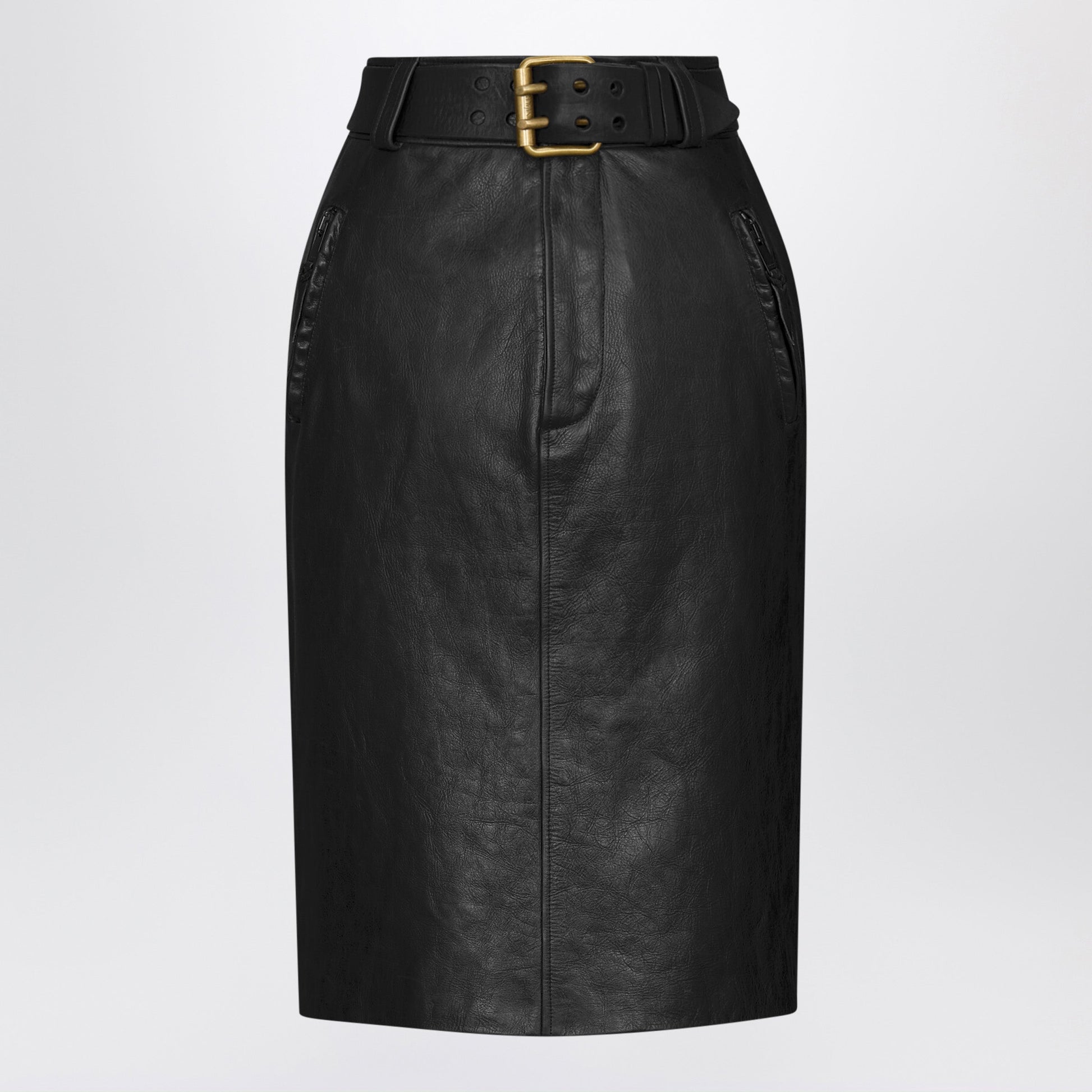 Saint Laurent Black Crinkled Calfskin Belted Pencil Skirt Women SAINT LAURENT
