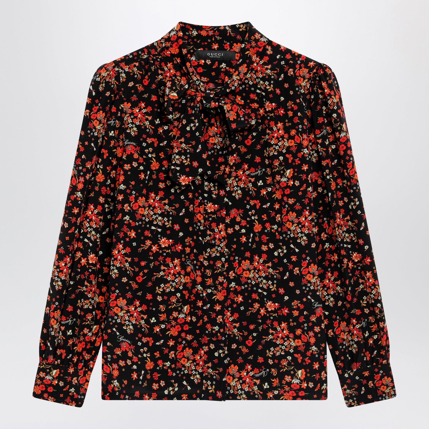 Gucci Printed Silk Shirt With Bow In Black/Red Women GUCCI