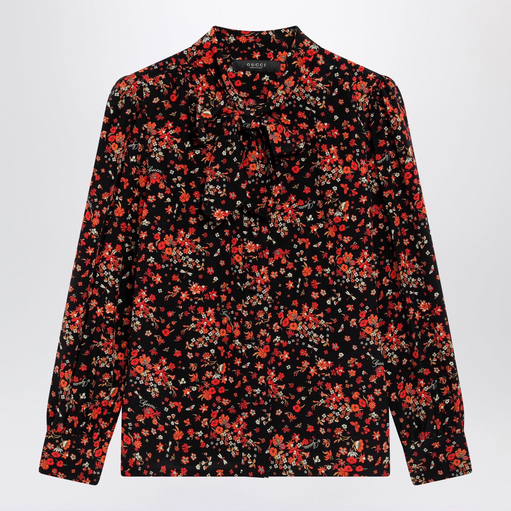 Gucci Printed Silk Shirt With Bow In Black/Red Women GUCCI