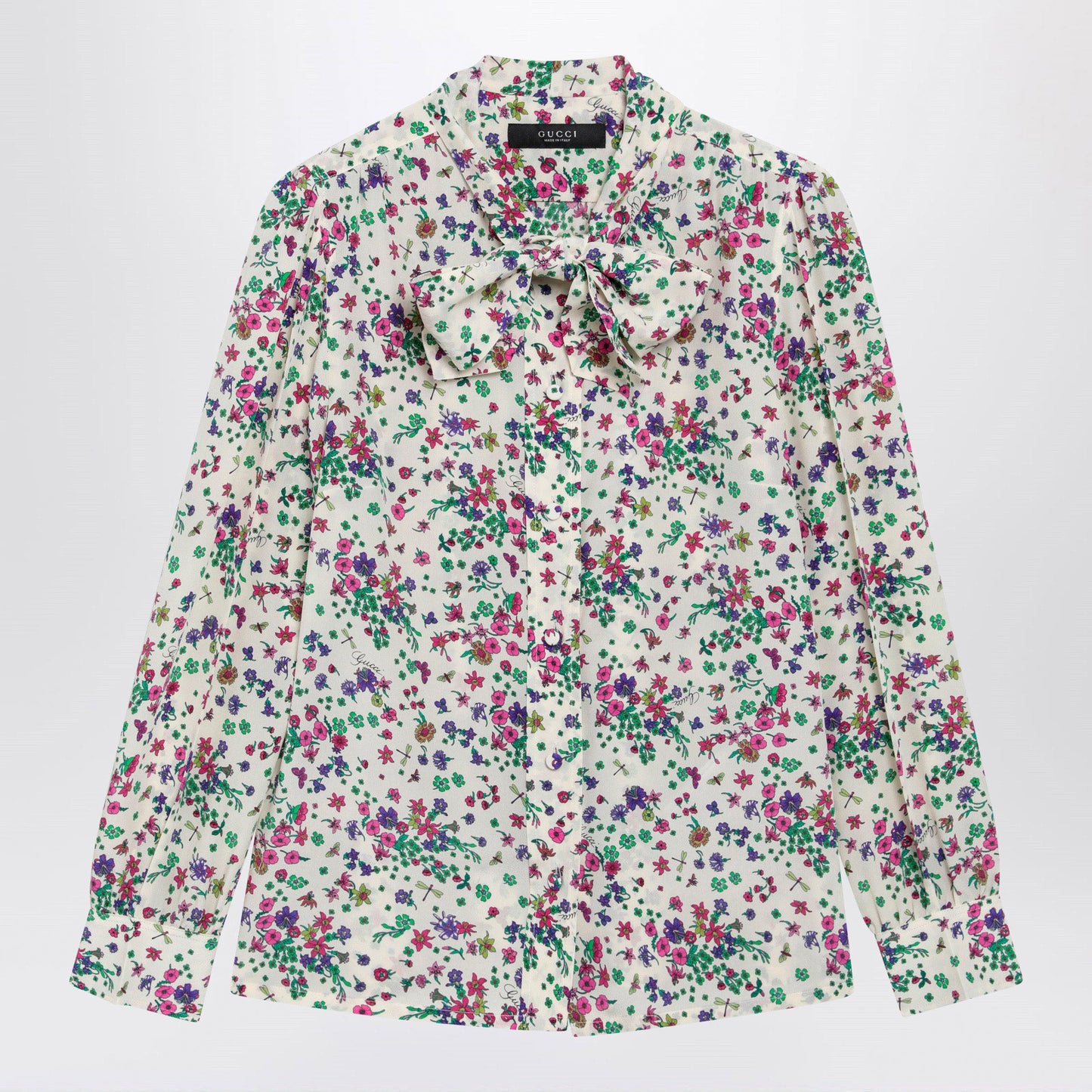 Gucci Printed Silk Shirt With Bow In Ivory/Pink Women GUCCI