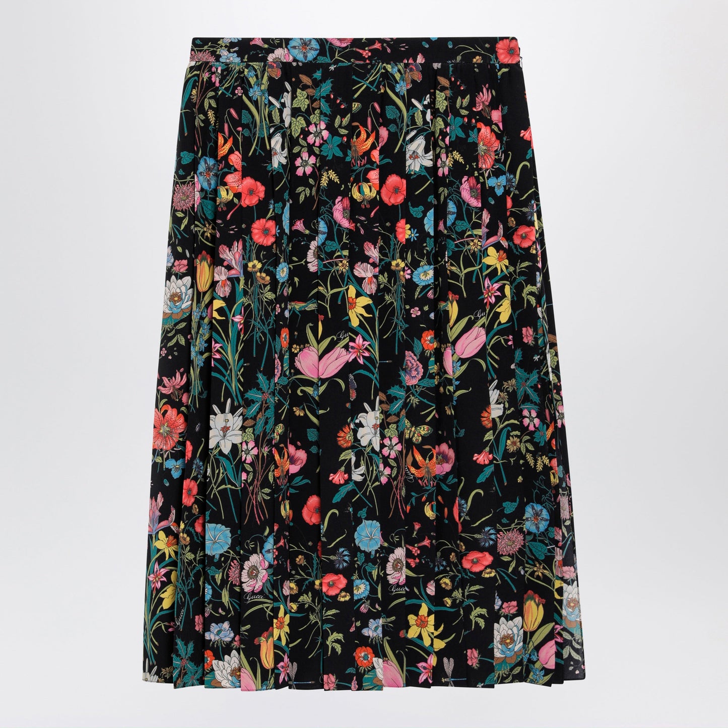 Gucci Pleated Midi Silk Skirt With Flora Print In Black Women GUCCI