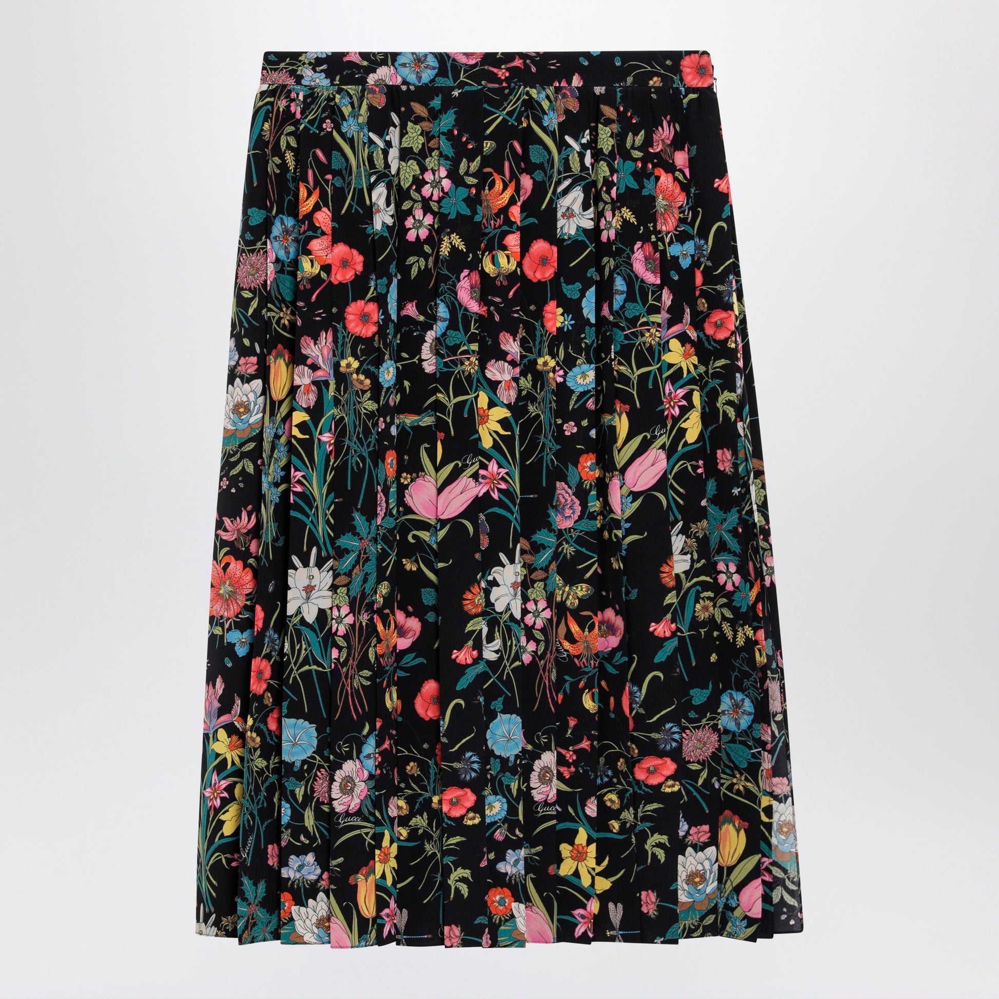 Gucci Pleated Midi Silk Skirt With Flora Print In Black Women GUCCI