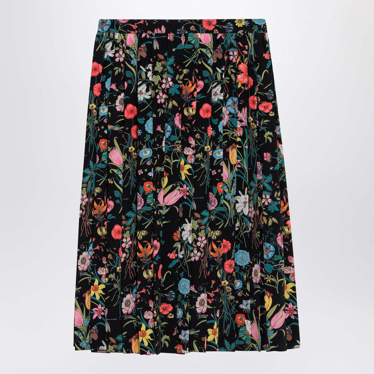 Gucci Pleated Midi Silk Skirt With Flora Print In Black Women GUCCI