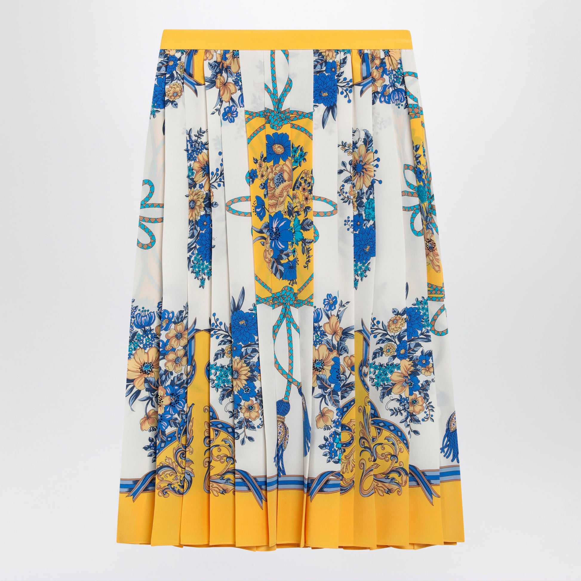 Gucci Pleated Midi Silk Skirt With Flora Print In Yellow/Ivory Women GUCCI