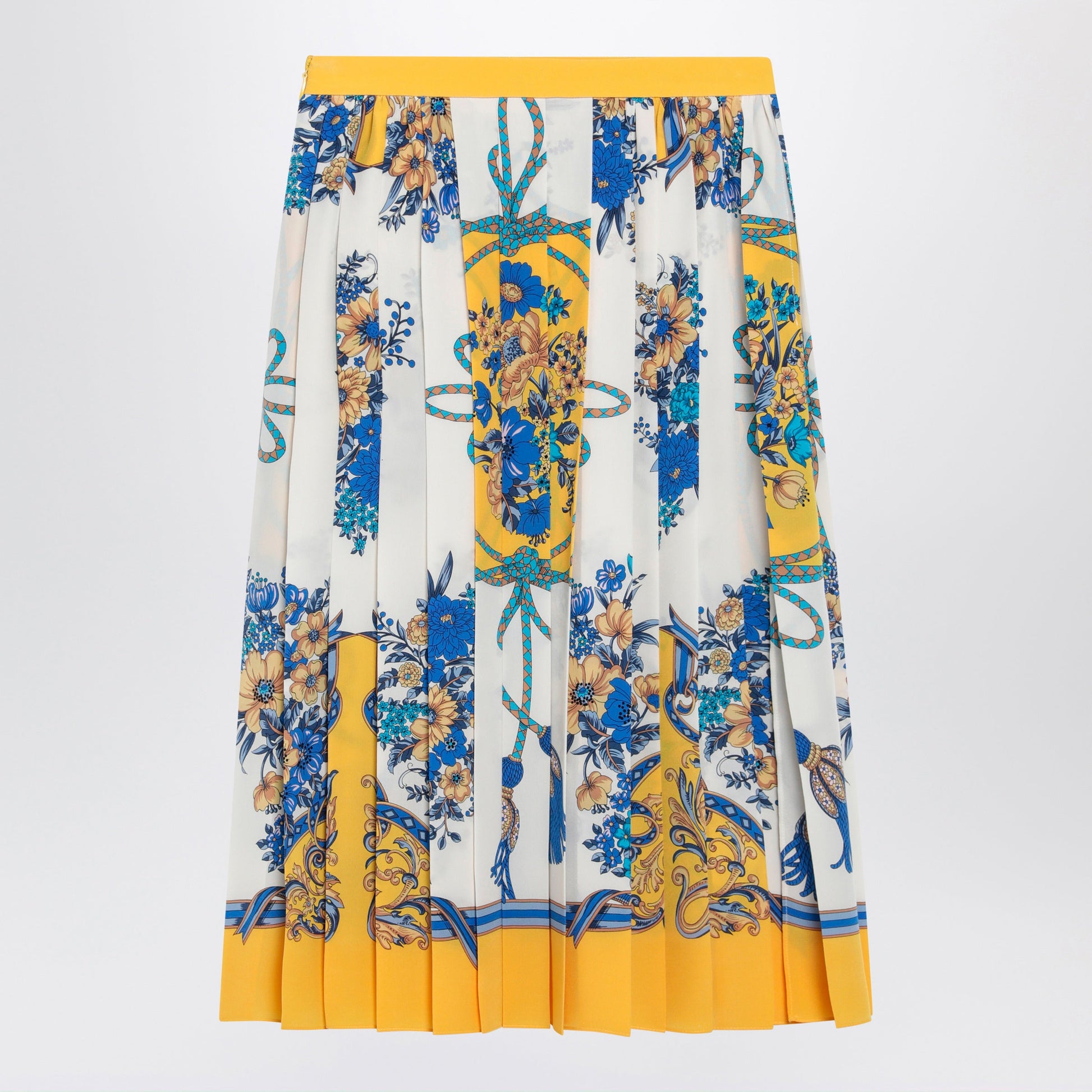 Gucci Pleated Midi Silk Skirt With Flora Print In Yellow/Ivory Women GUCCI