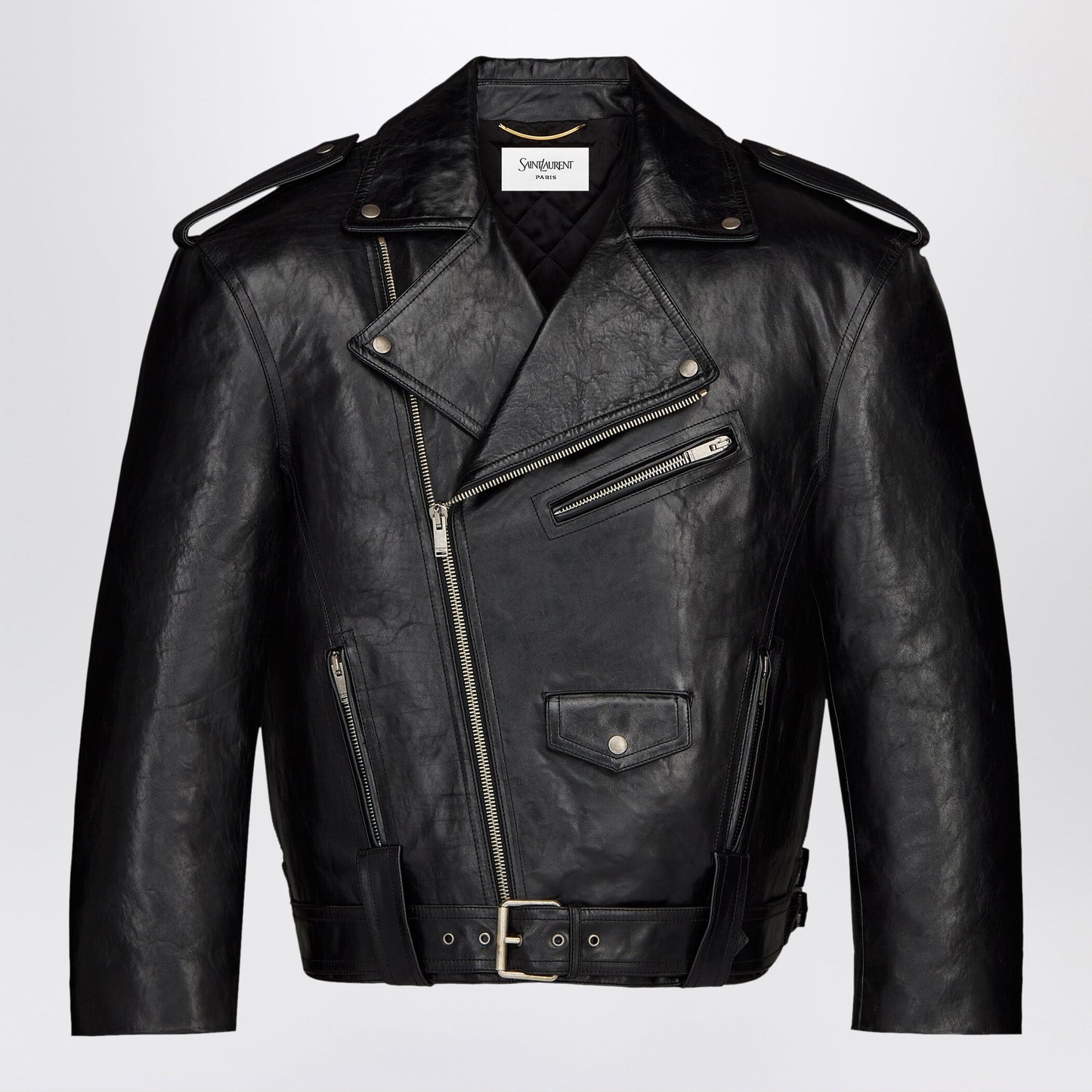 Saint Laurent Pebbled Leather Biker Jacket In Black Women SAINT LAURENT