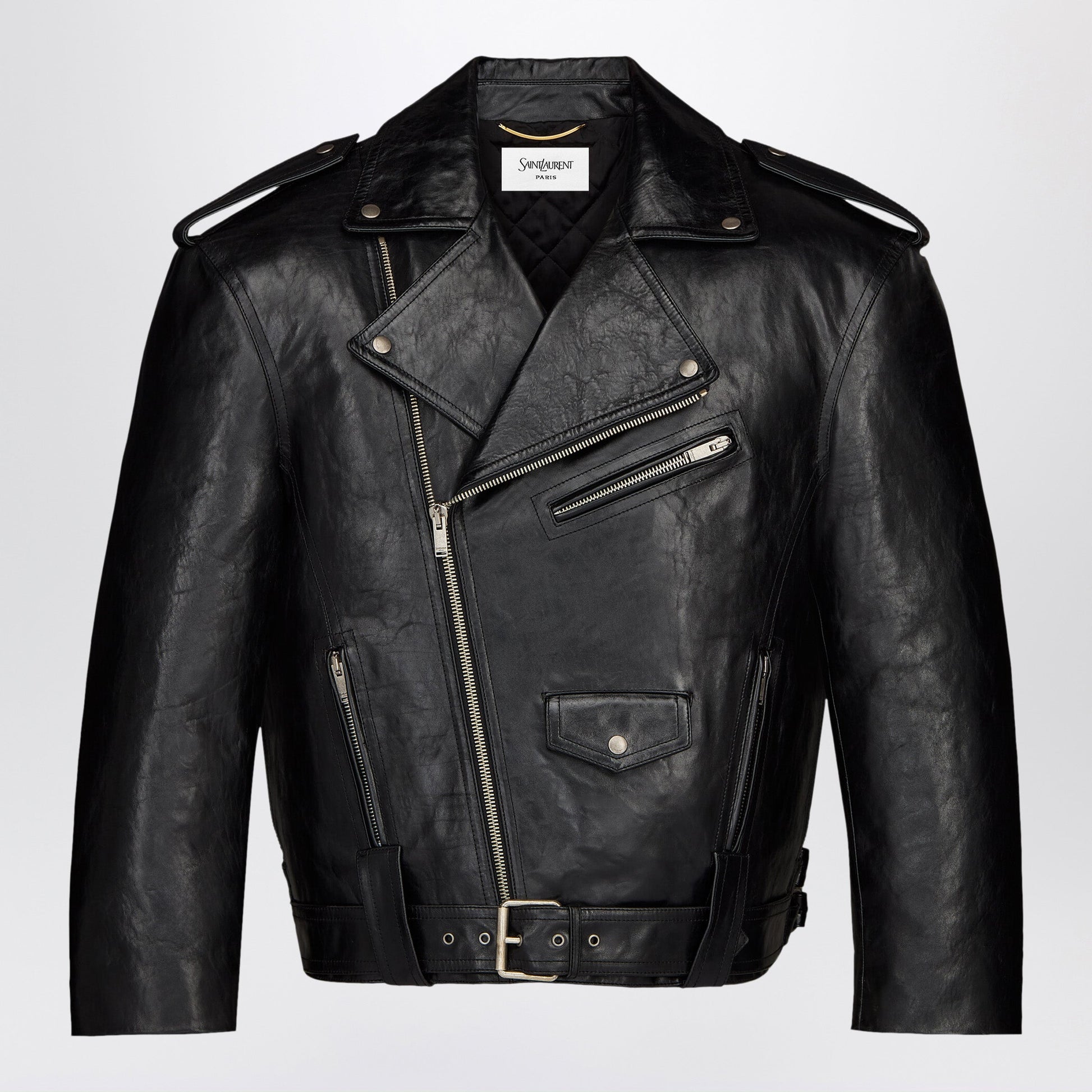Saint Laurent Pebbled Leather Biker Jacket In Black Women SAINT LAURENT