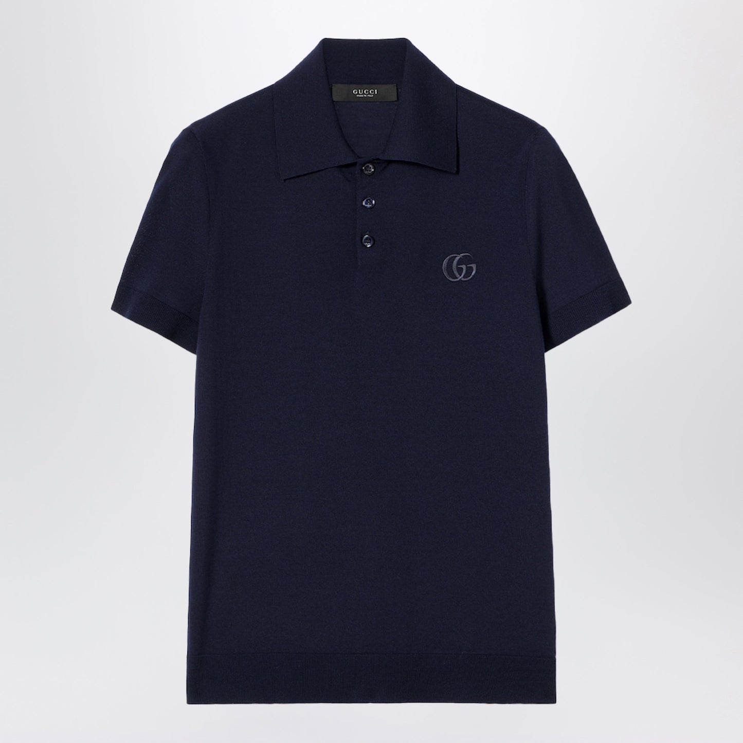 Gucci Dark Blue Wool Knit Polo With Gg Embroidery Men GUCCI