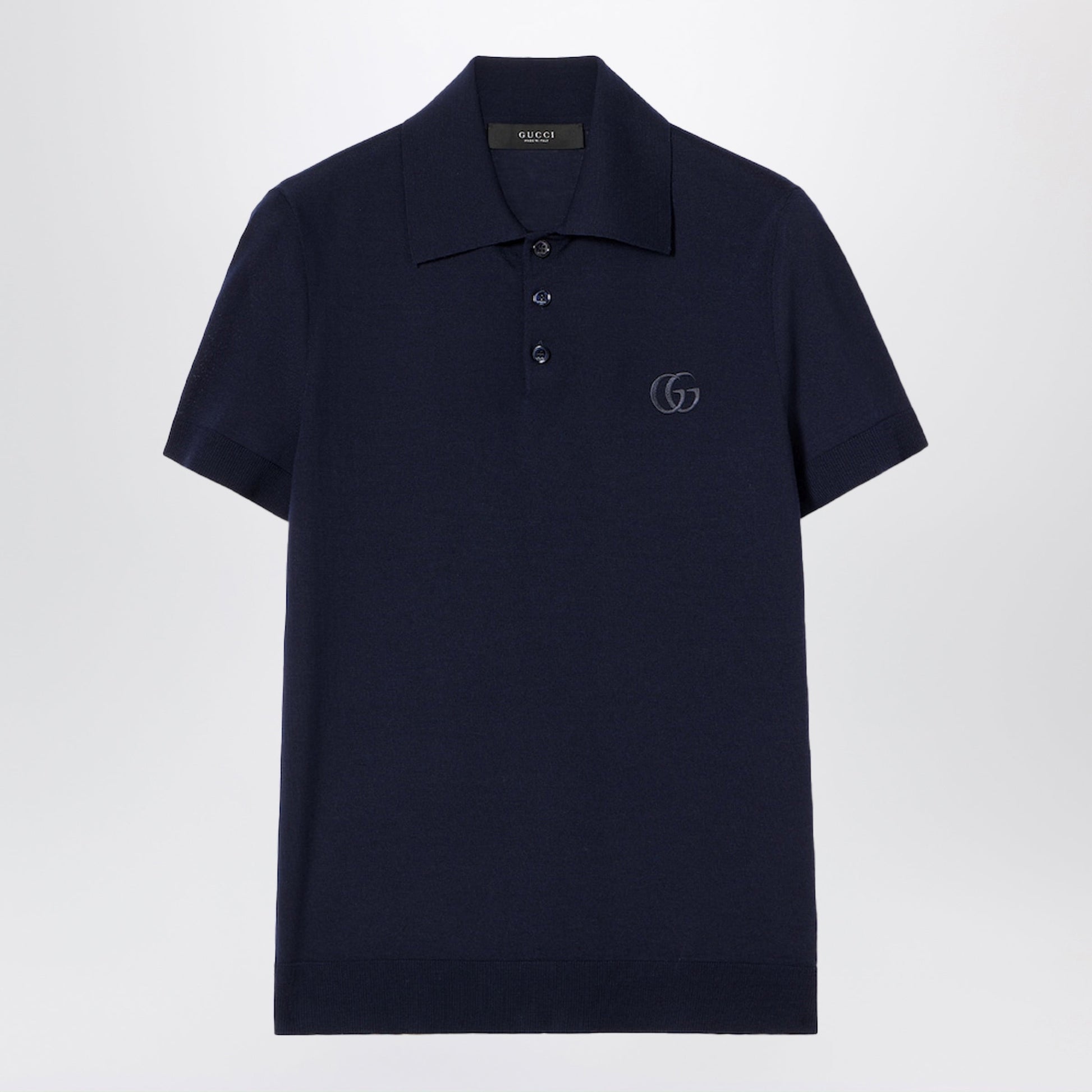 Gucci Dark Blue Wool Knit Polo With Gg Embroidery Men GUCCI
