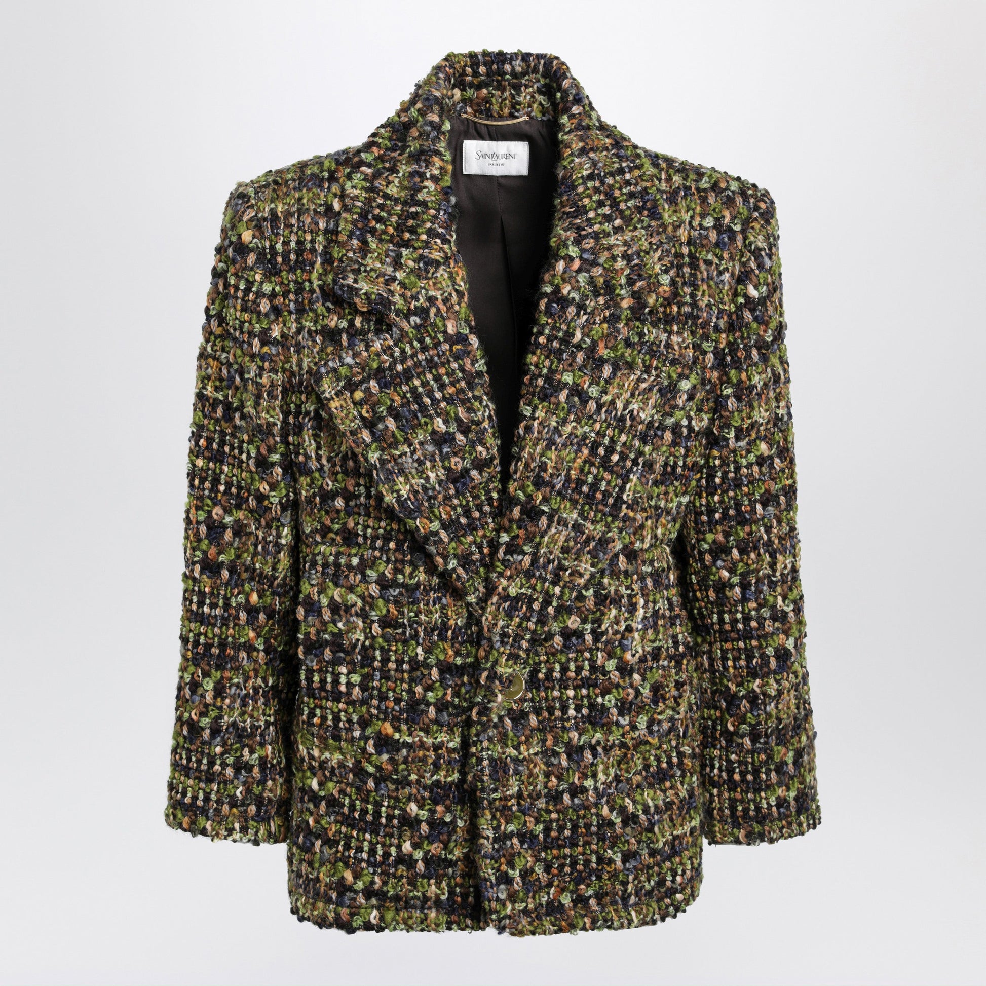 Saint Laurent Single-Breasted Khaki Grey Green Tweed Jacket Women SAINT LAURENT