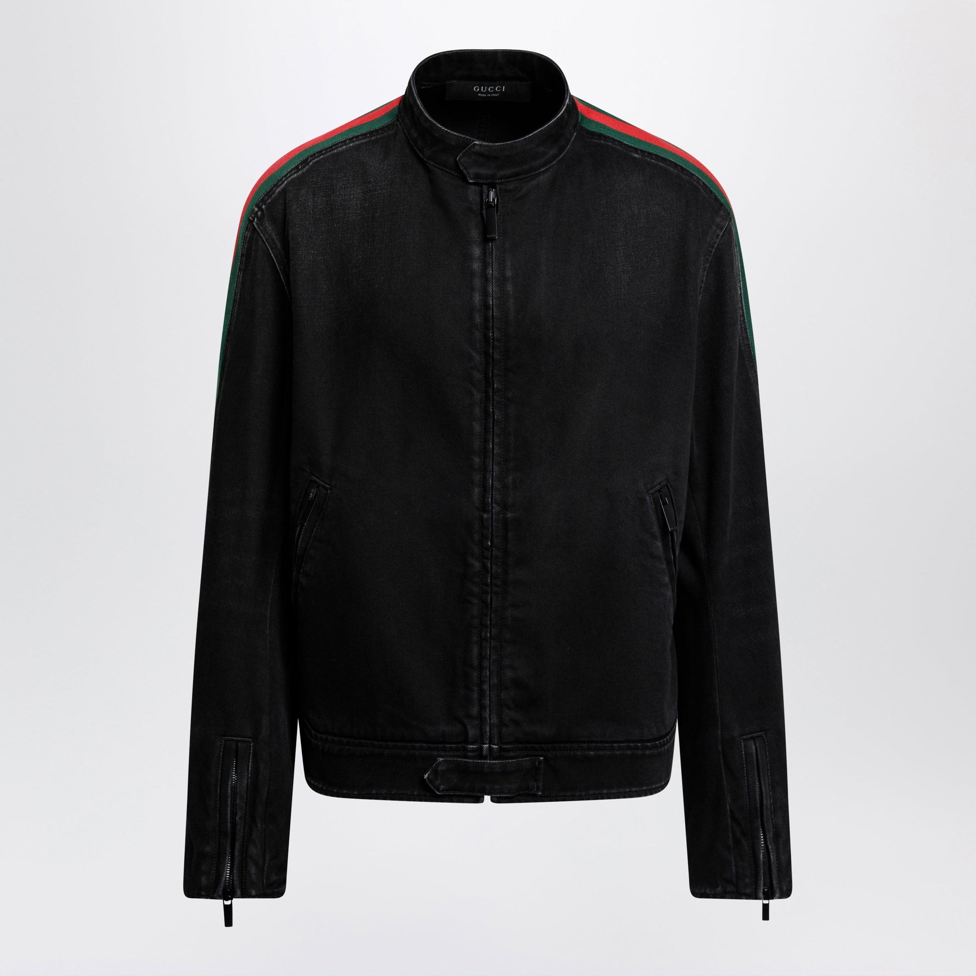 Gucci Black Cotton Denim Biker Jacket With Web Trim Men GUCCI
