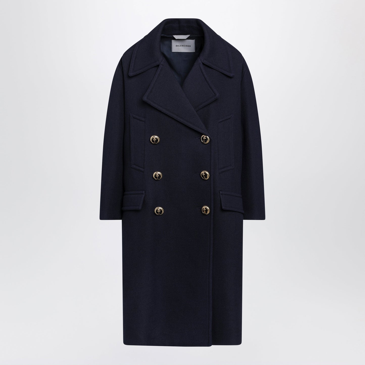 Balenciaga Long Navy Textured Wool Pea Coat Women BALENCIAGA