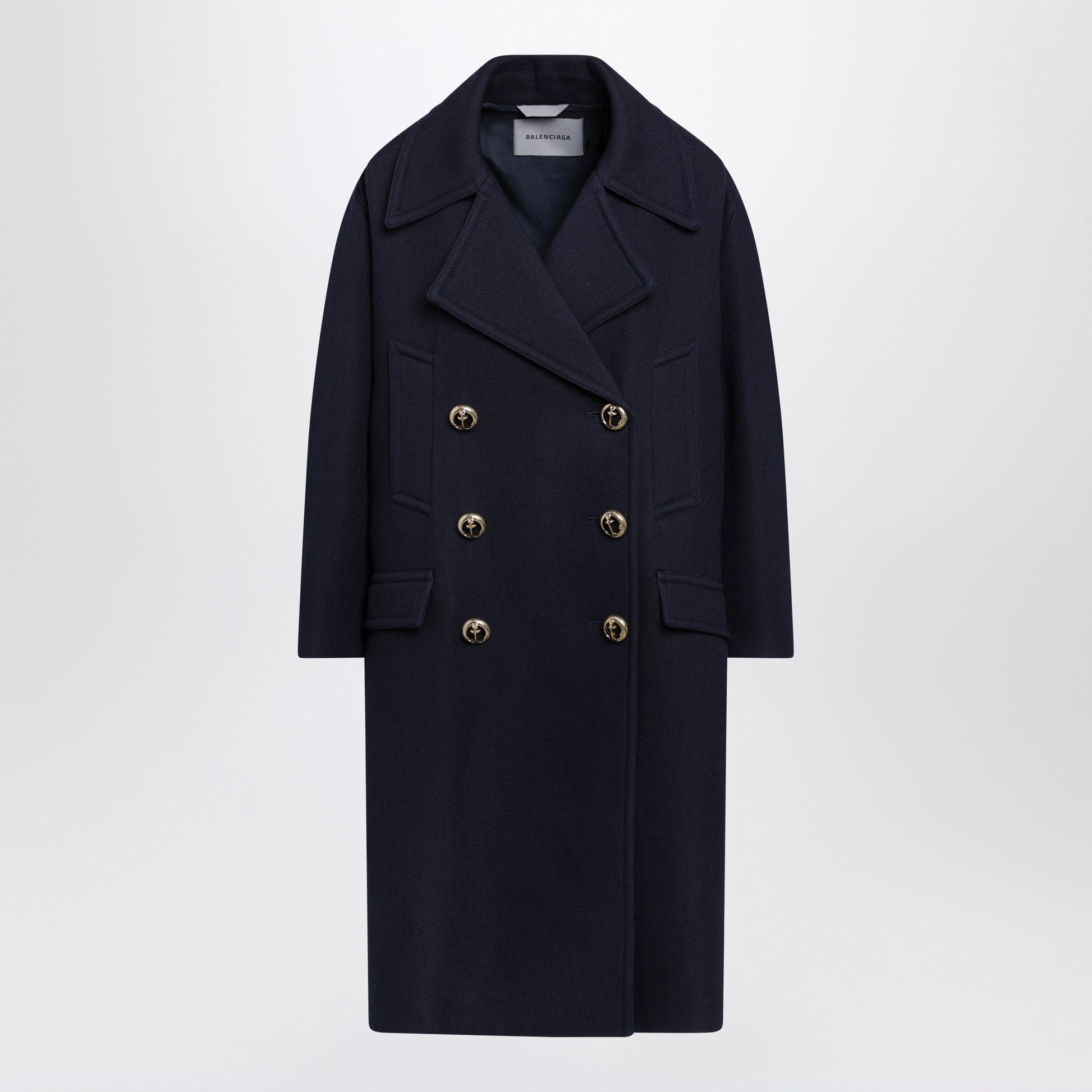 Balenciaga Long Navy Textured Wool Pea Coat Women BALENCIAGA