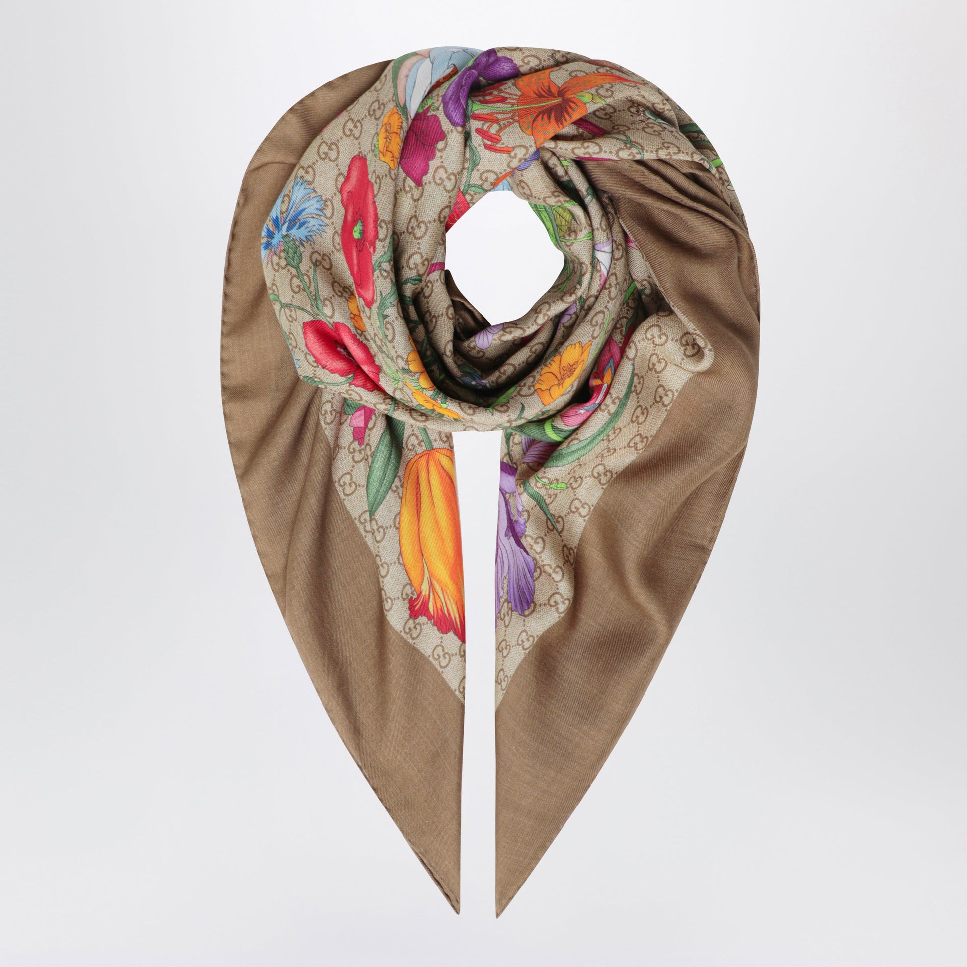 Gucci Wool And Silk Shawl With Flora And Gg Print In Shell Women GUCCI