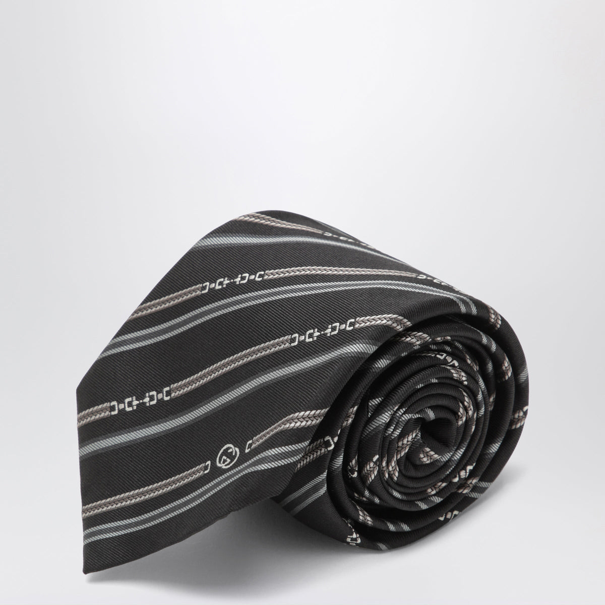 Gucci Black/Light Grey Silk Tie With Horsebit And Interlocking Gg Men GUCCI