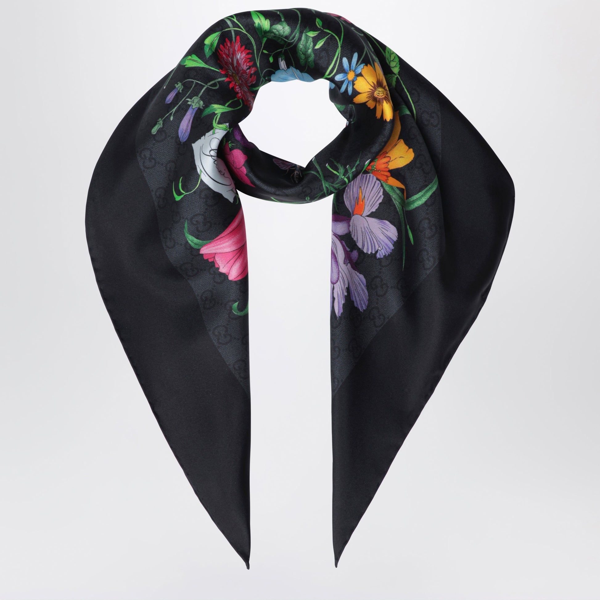 Gucci Silk Twill Carre With Gg Flora Print In Black Women GUCCI