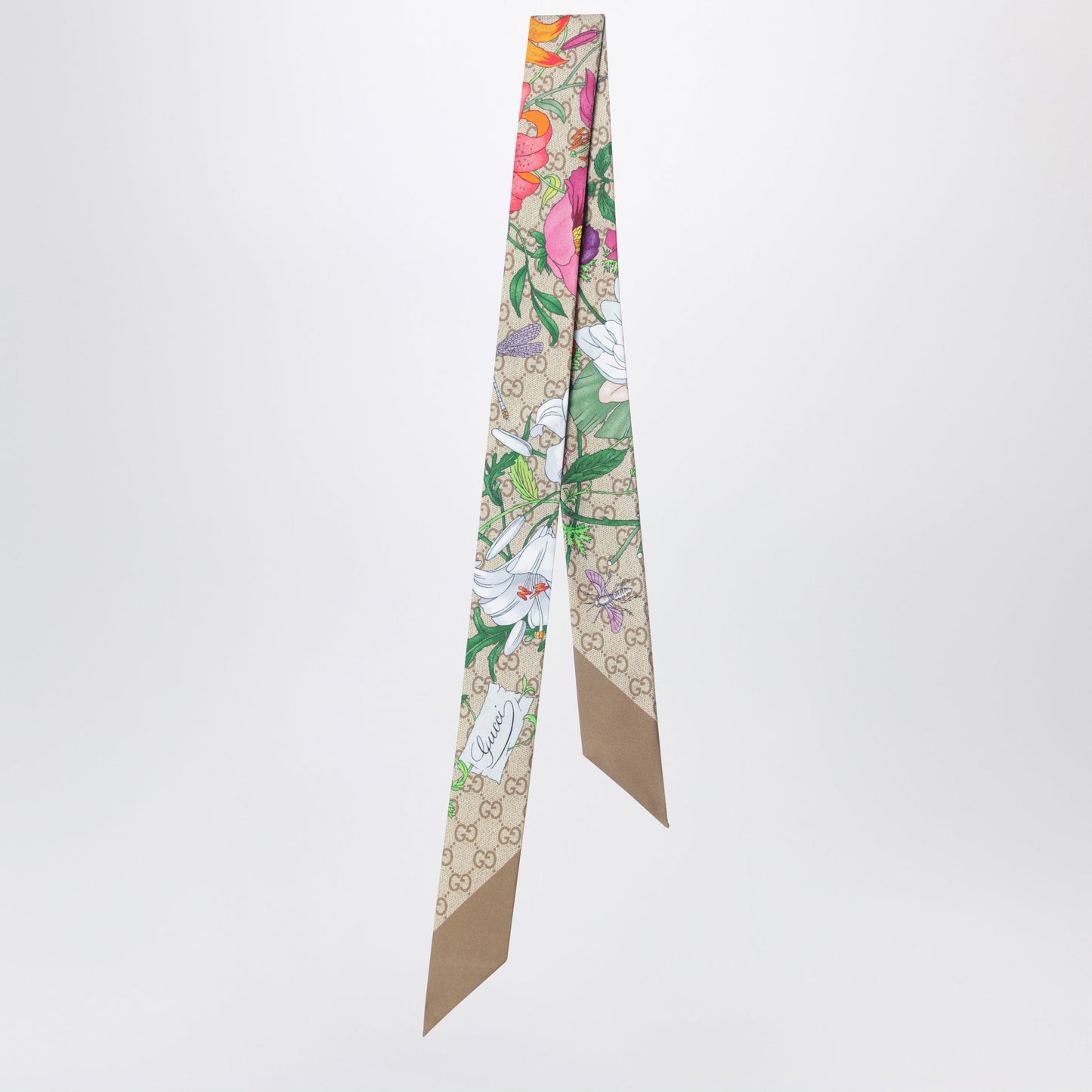 Gucci Silk Ribbon With Gg Flora Print In Light Brown Women GUCCI