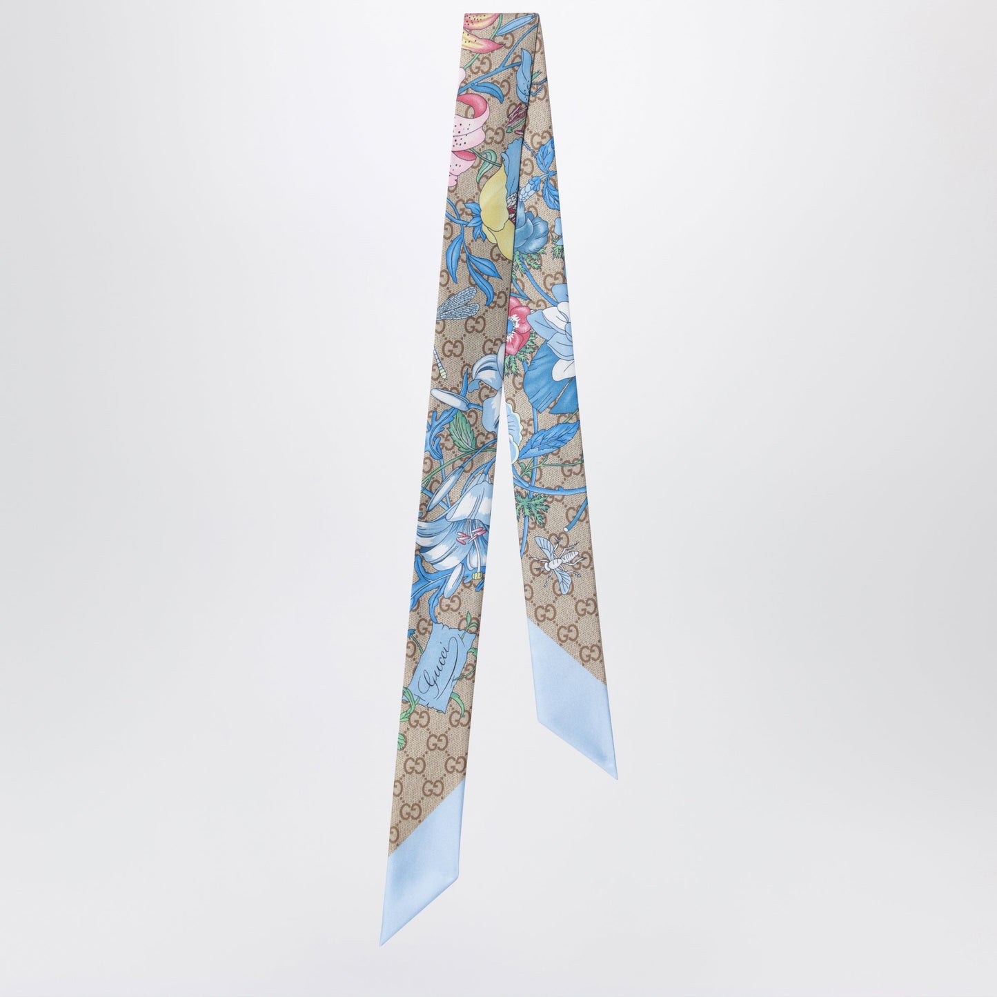 Gucci Printed Silk Ribbon With Flora Motif In Light Blue Women GUCCI
