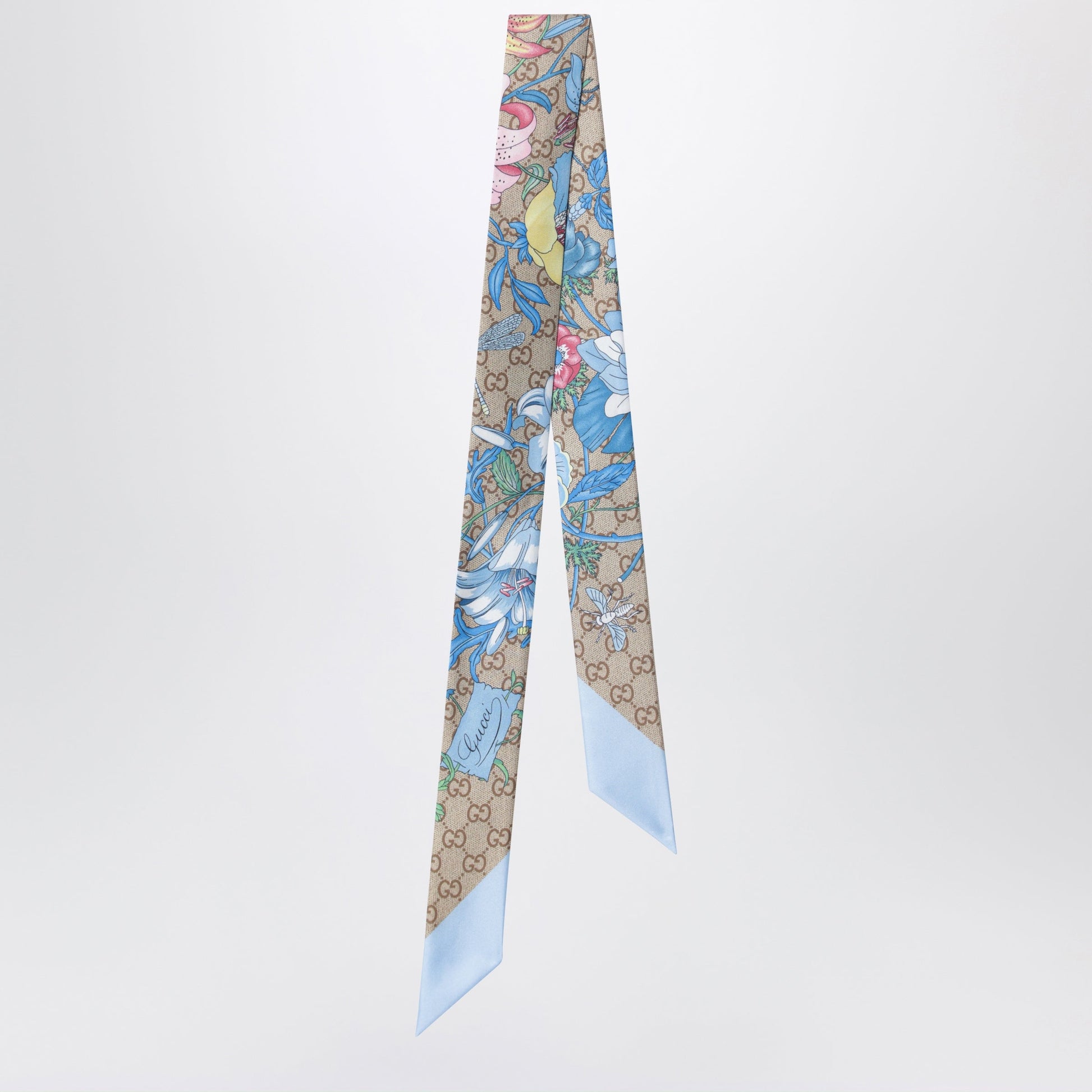 Gucci Printed Silk Ribbon With Flora Motif In Light Blue Women GUCCI