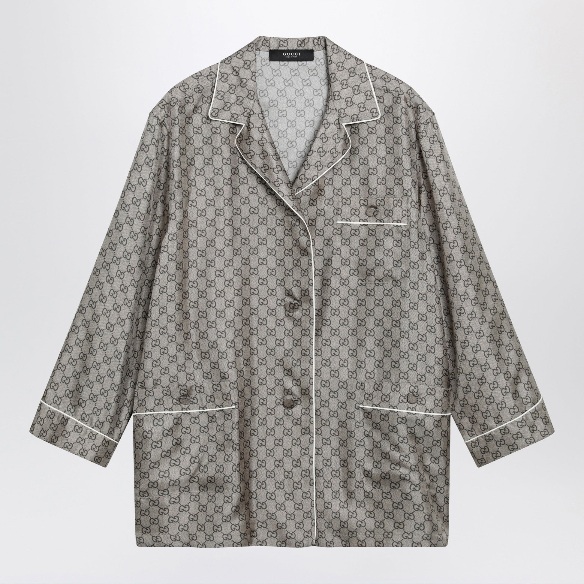 Gucci Silk Twill Shirt With Gg Print In Beige Women GUCCI