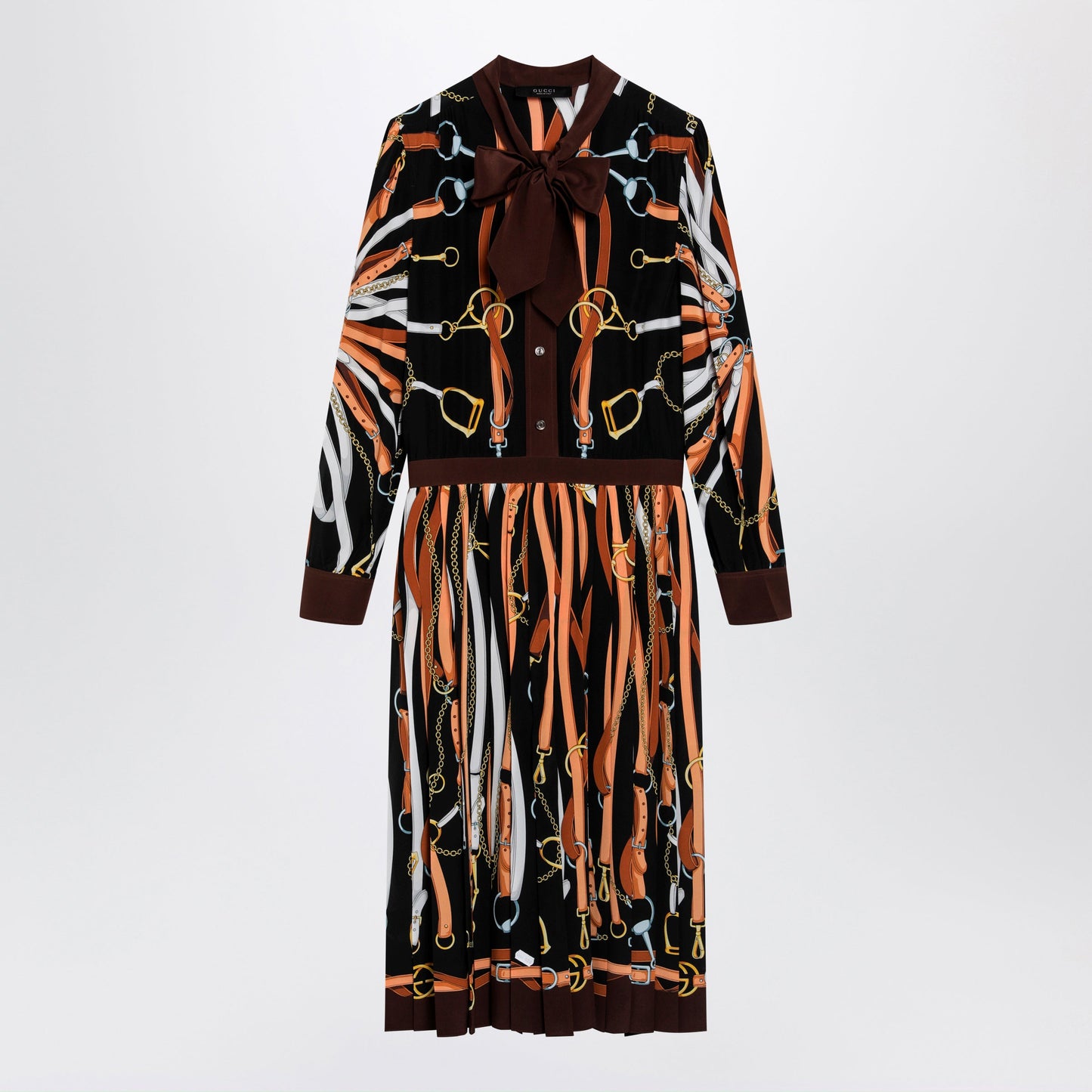 Gucci Black/Brown Silk Shirt Dress With Equestrian Print Women GUCCI