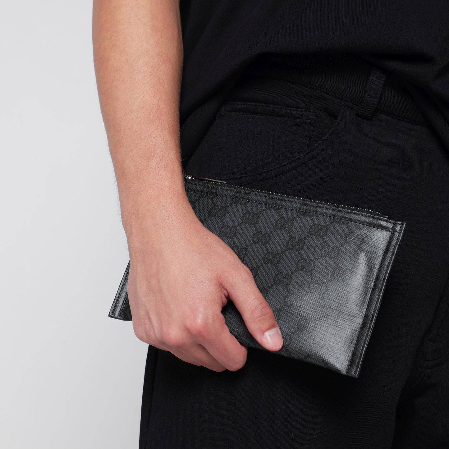 Gucci Small Gucci Essence Classic Pouch In Black Gg Coated Canvas Men GUCCI