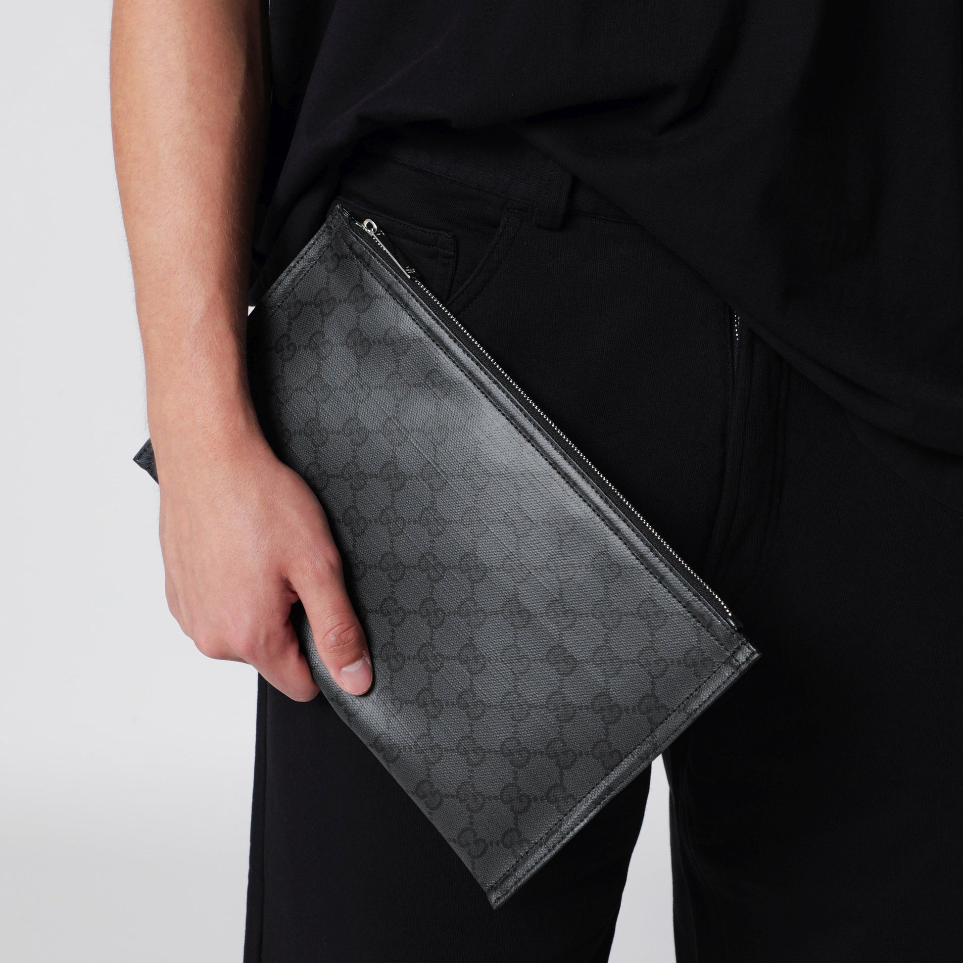 Gucci Medium Gucci Essence Classic Pouch In Black Gg Coated Canvas Men GUCCI