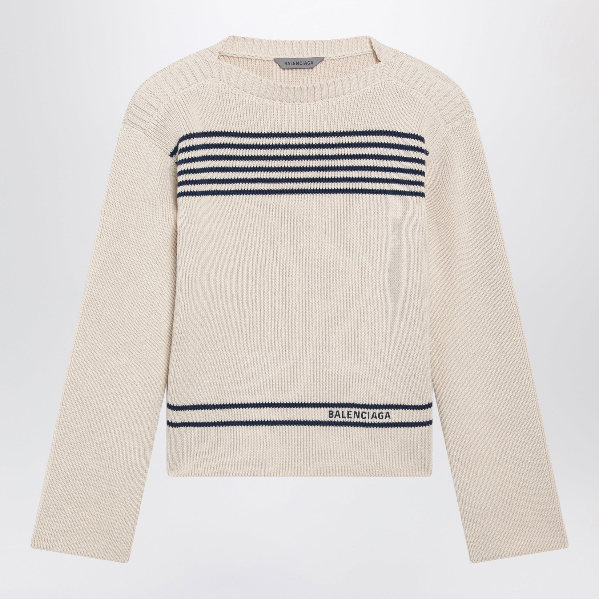 Balenciaga Boat-Neck Ribbed Cotton Sweater In Navy/White Women BALENCIAGA