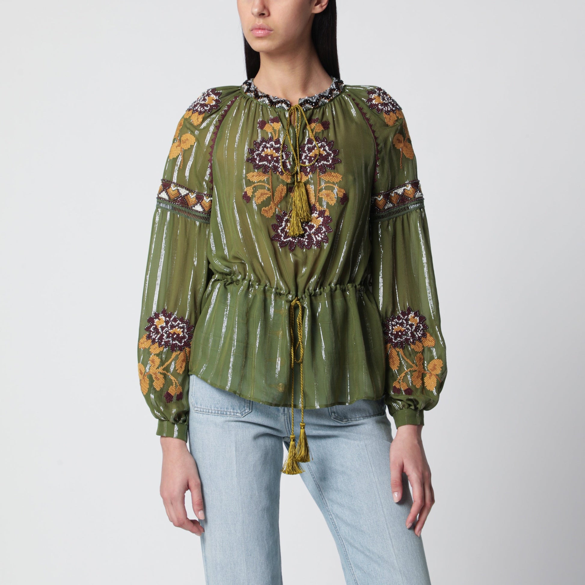 Valentino Embroidered Lurex Silk Shirt Green Camou Women VALENTINO