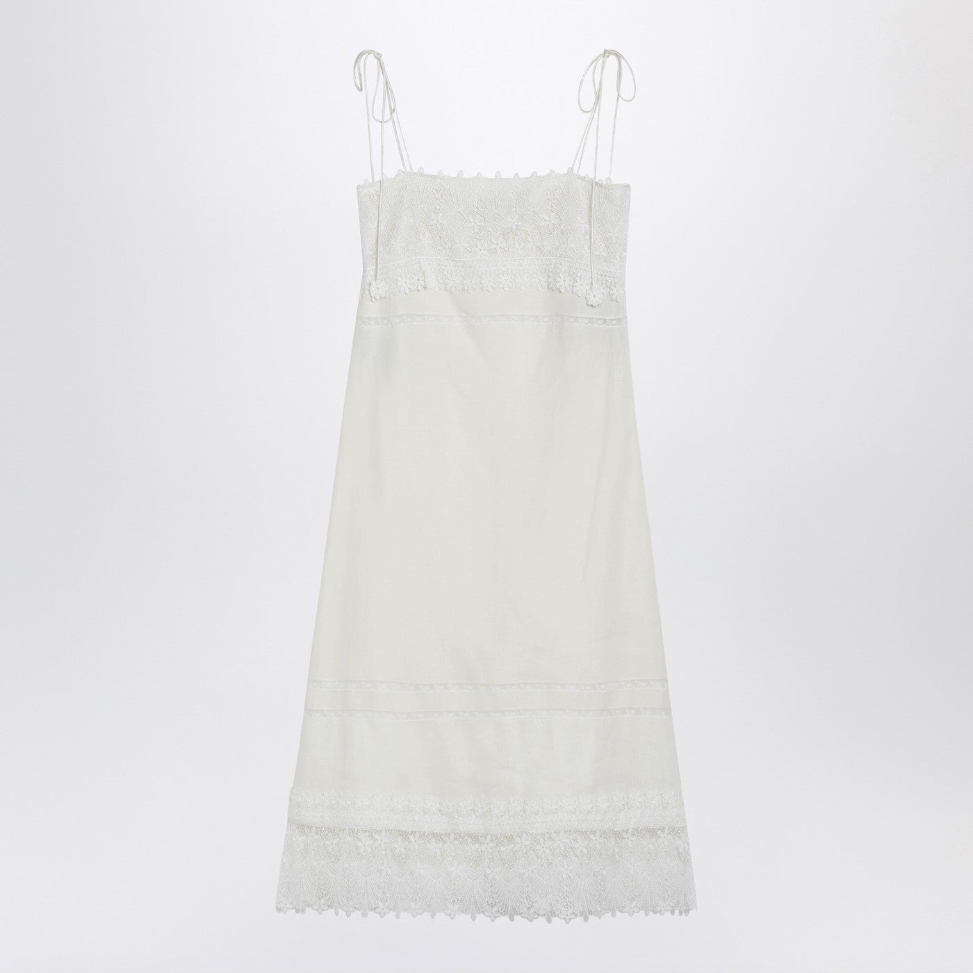 Valentino Ivory Linen Midi Dress With Sangallo Embroidery Women VALENTINO