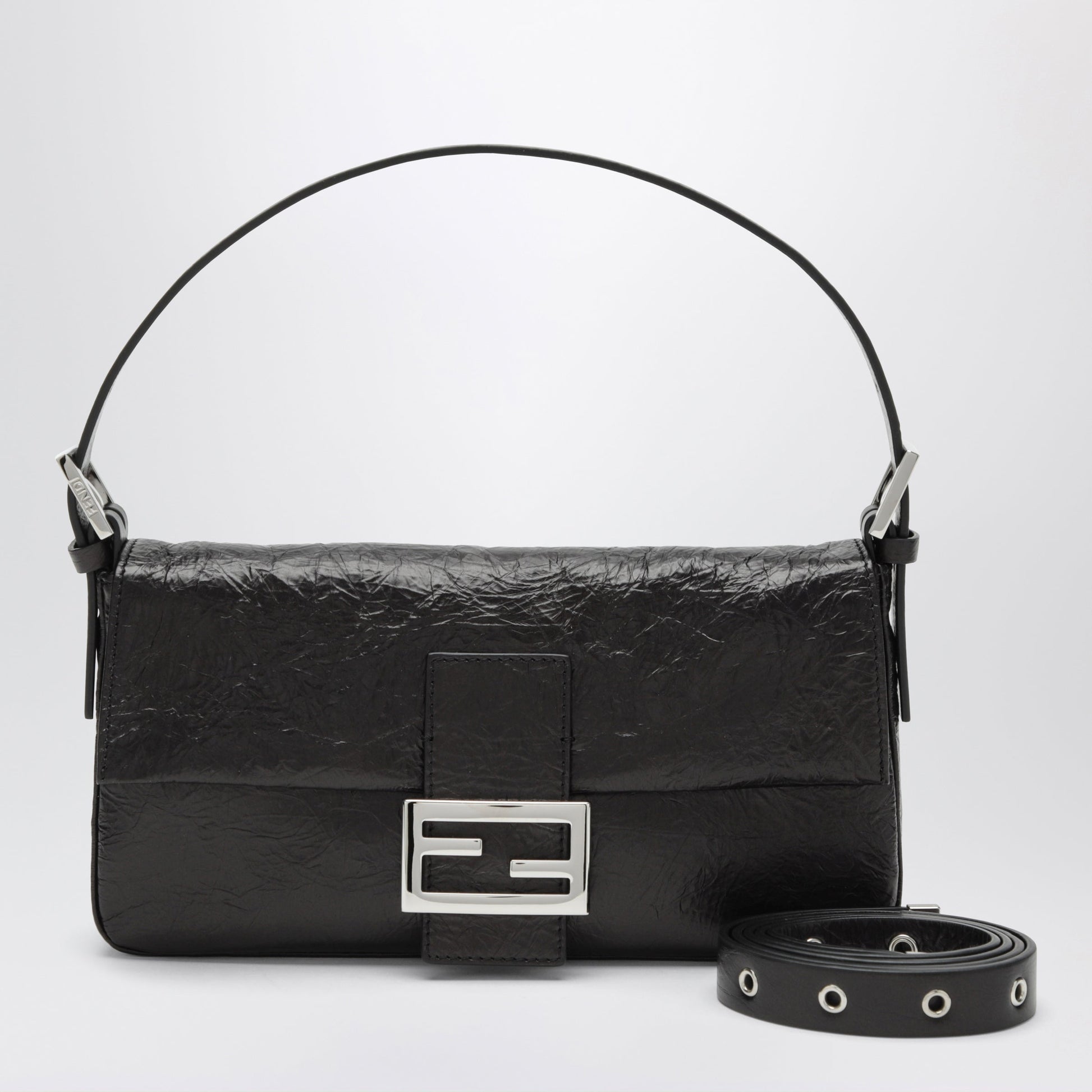 Fendi Fendi Baguette In Black Leather Glossy Crinkled Women FENDI