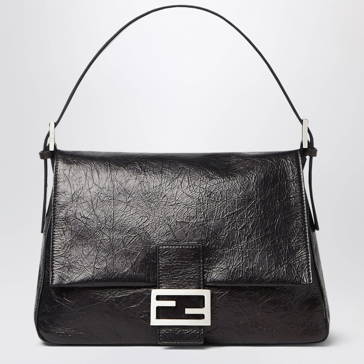Fendi Flap 26325 Bag In Black Crackled Calfskin Leather Women FENDI