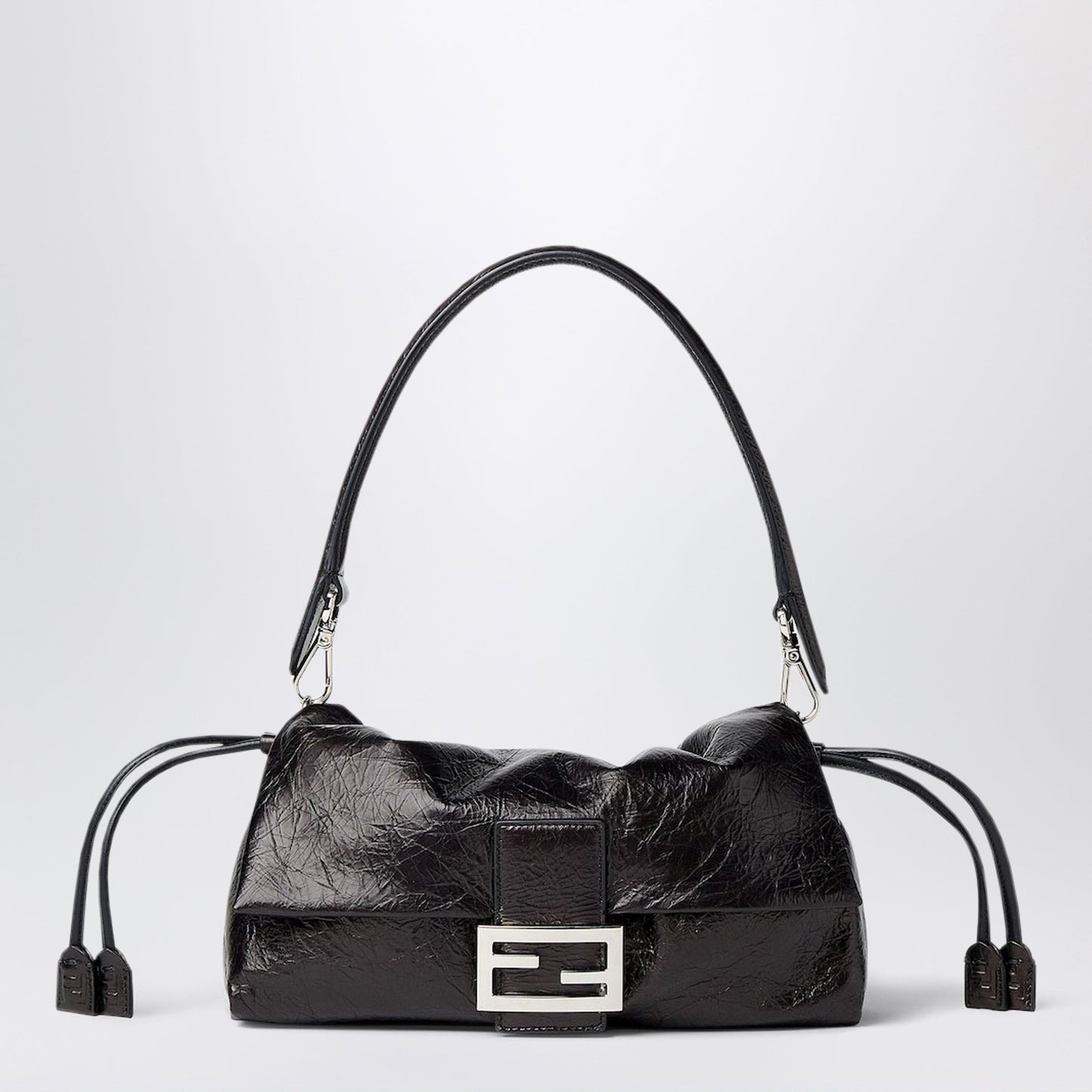 Fendi Soft Medium Baguette Bag In Black Crackled Leather Women FENDI