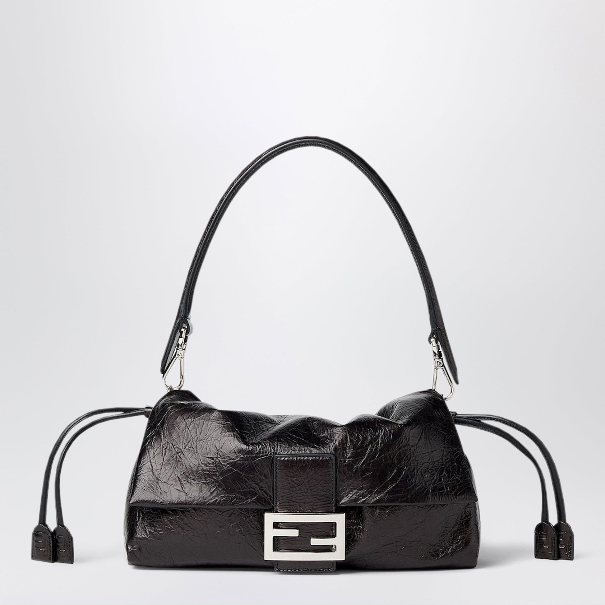 Fendi Soft Medium Baguette Bag In Black Crackled Leather Women FENDI